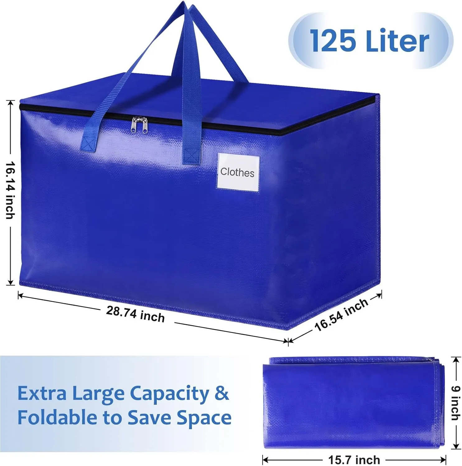 Moving Bags, Storage Bags with Sturdy Handles and Heavy Duty Zippers, Storage Totes for Space Saving, Moving & Storage, Collapsible Moving Supplies(125L, 6-Pack, Blue)