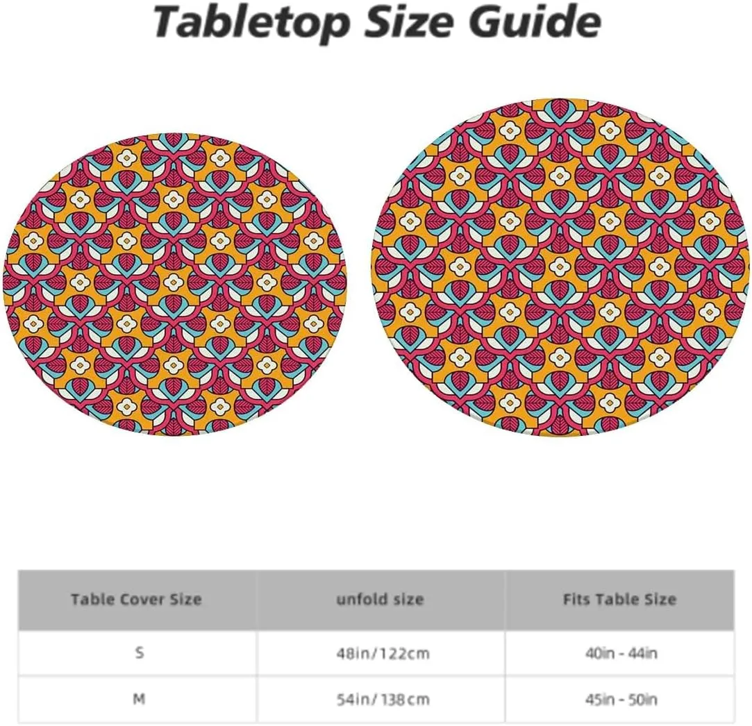 Multicolor Elastic Edged Table Cover Flower Motifs Details Traditional Eastern Waterproof Oil Proof Table ​Cover for Indoor and Outdoor Geometric Fits up 40"-44" Diameter Tables