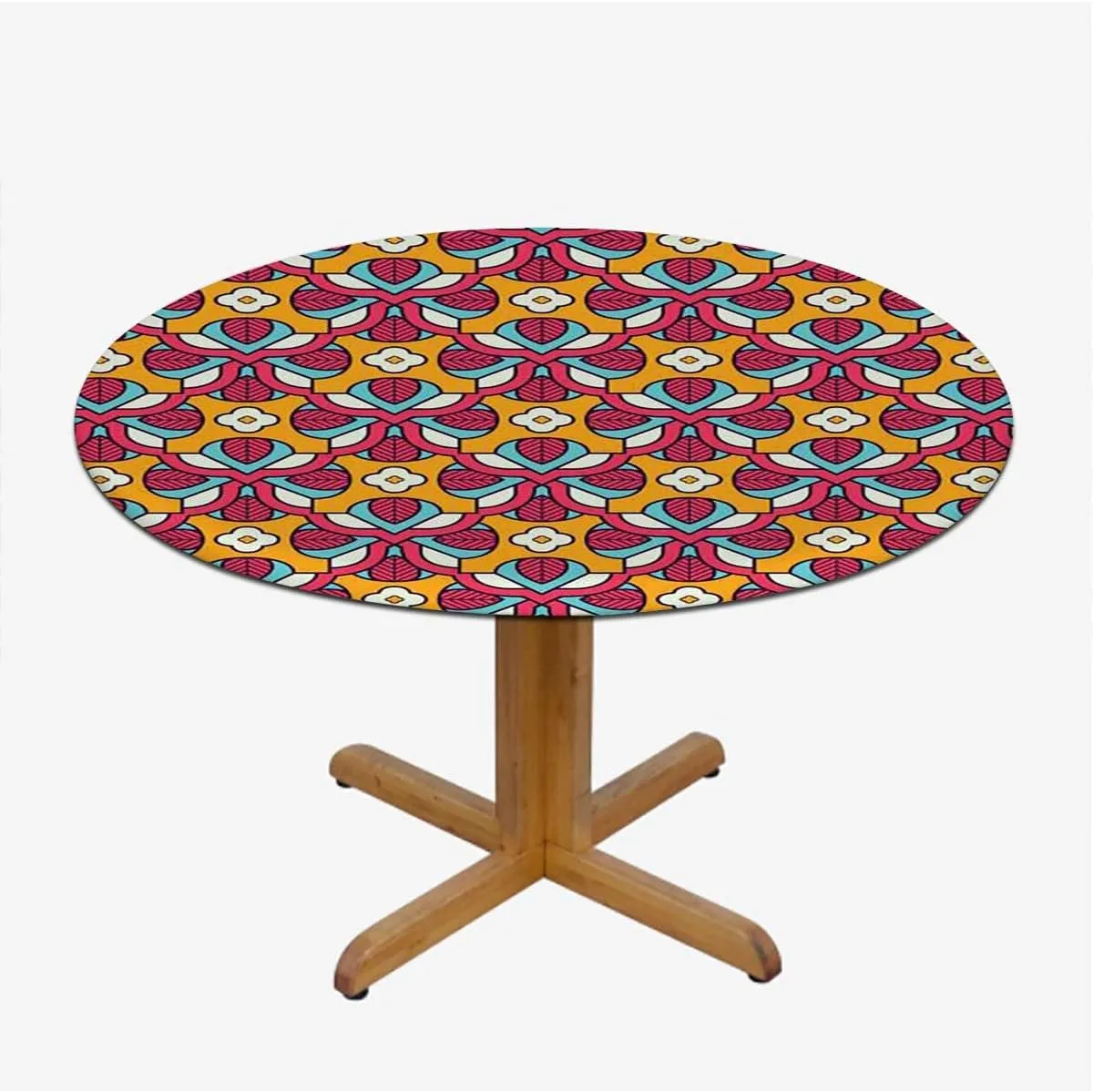 Multicolor Elastic Edged Table Cover Flower Motifs Details Traditional Eastern Waterproof Oil Proof Table ​Cover for Indoor and Outdoor Geometric Fits up 40"-44" Diameter Tables