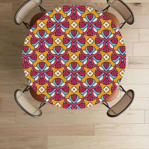 Multicolor Elastic Edged Table Cover Flower Motifs Details Traditional Eastern Waterproof Oil Proof Table ​Cover for Indoor and Outdoor Geometric Fits up 40"-44" Diameter Tables