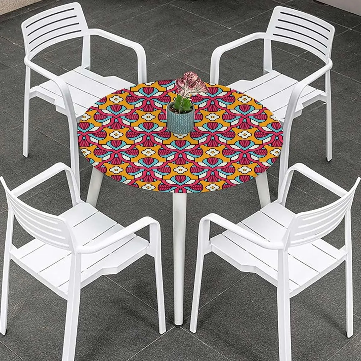 Multicolor Elastic Edged Table Cover Flower Motifs Details Traditional Eastern Waterproof Oil Proof Table ​Cover for Indoor and Outdoor Geometric Fits up 40"-44" Diameter Tables