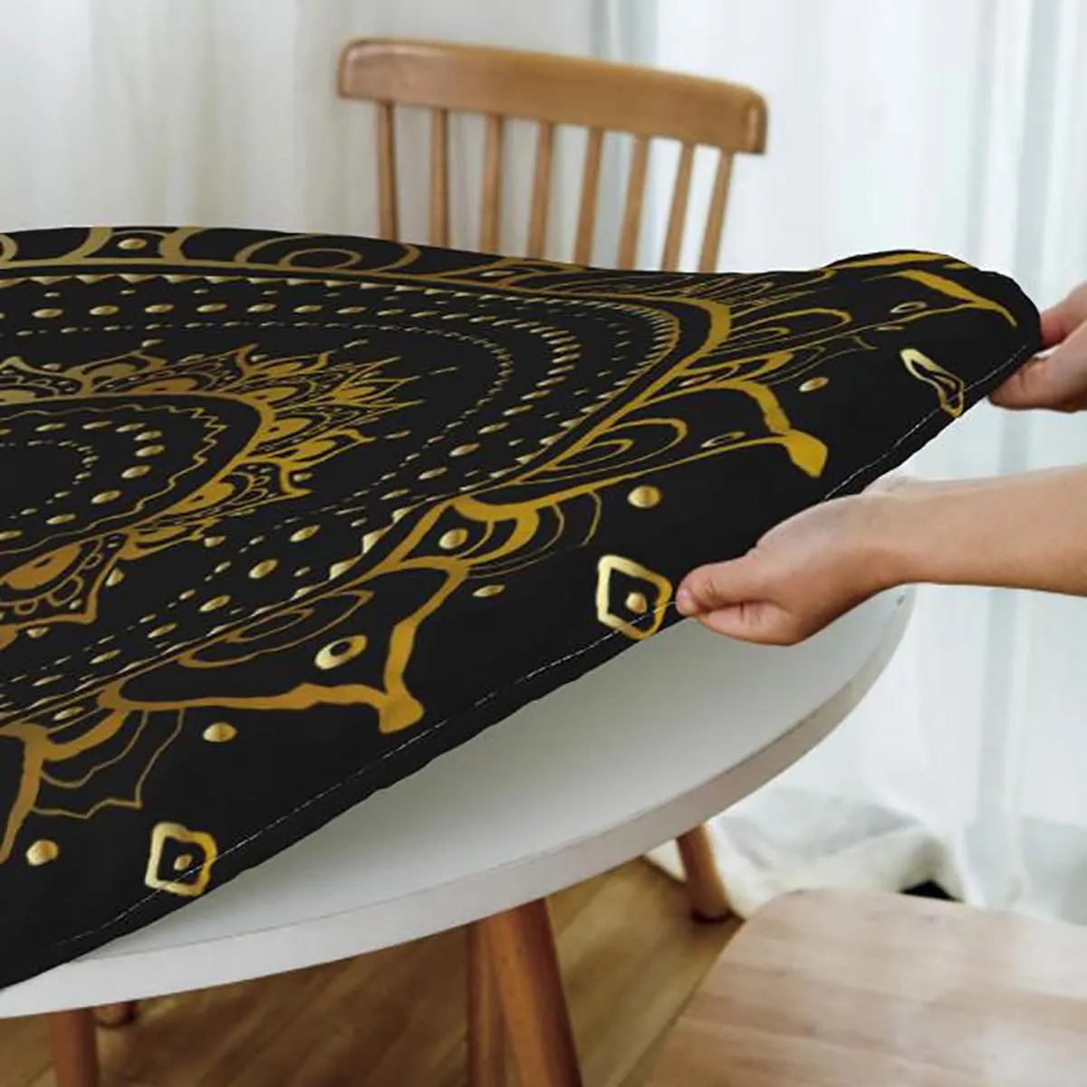 Multicolor Round Fitted Tablecloth with Elastic Edge Flower Motifs Details Traditional Eastern Elastic Edge Waterproof Table Cover Table Cloth for Round Table Geometric Fit for 40"-43" Table