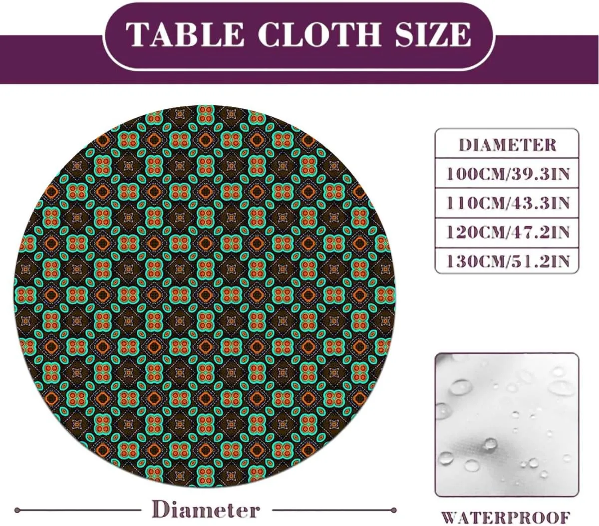 Multicolor Round Fitted Tablecloth with Elastic Edge Flower Motifs Details Traditional Eastern Elastic Edge Waterproof Table Cover Table Cloth for Round Table Geometric Fit for 40"-43" Table