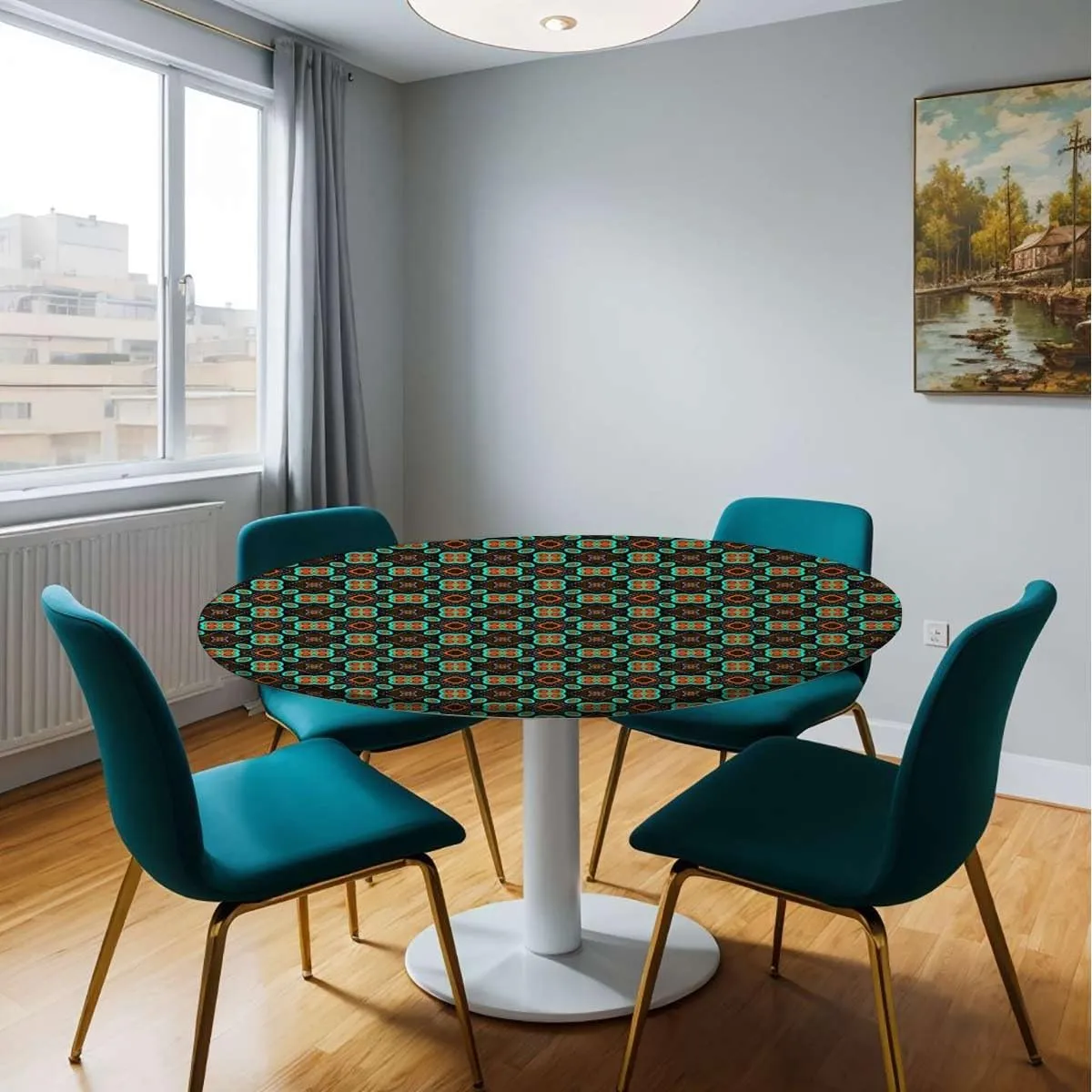 Multicolor Round Fitted Tablecloth with Elastic Edge Flower Motifs Details Traditional Eastern Elastic Edge Waterproof Table Cover Table Cloth for Round Table Geometric Fit for 40"-43" Table