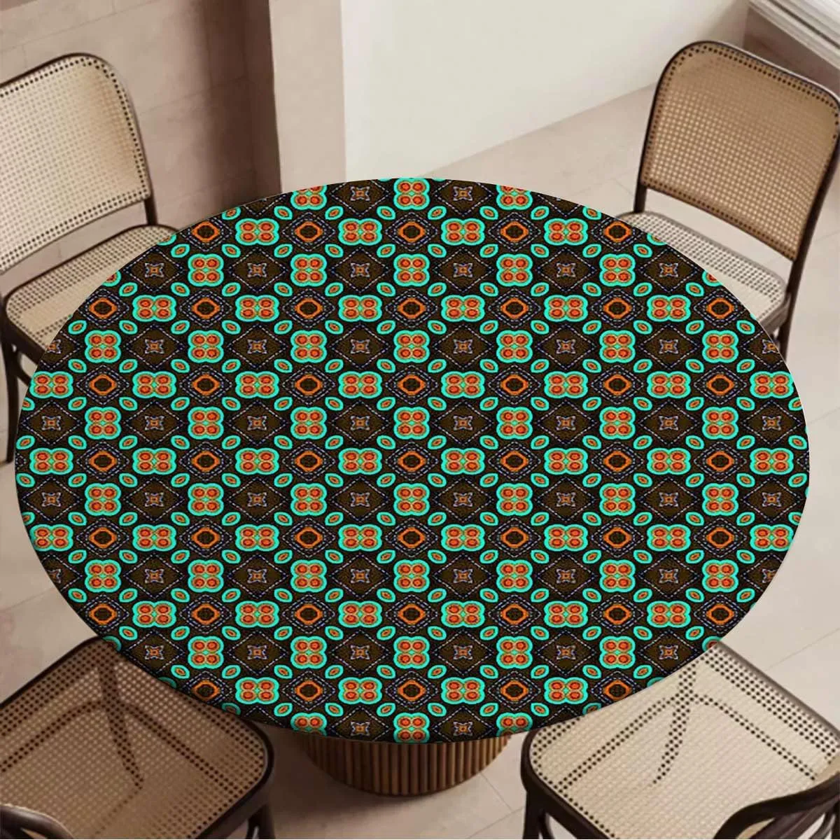 Multicolor Round Fitted Tablecloth with Elastic Edge Flower Motifs Details Traditional Eastern Elastic Edge Waterproof Table Cover Table Cloth for Round Table Geometric Fit for 40"-43" Table