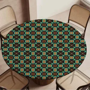 Multicolor Round Fitted Tablecloth with Elastic Edge Flower Motifs Details Traditional Eastern Elastic Edge Waterproof Table Cover Table Cloth for Round Table Geometric Fit for 40"-43" Table