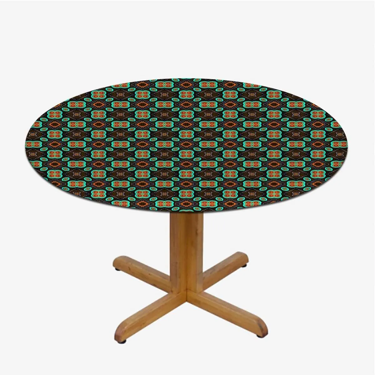 Multicolor Round Fitted Tablecloth with Elastic Edge Flower Motifs Details Traditional Eastern Elastic Edge Waterproof Table Cover Table Cloth for Round Table Geometric Fit for 40"-43" Table