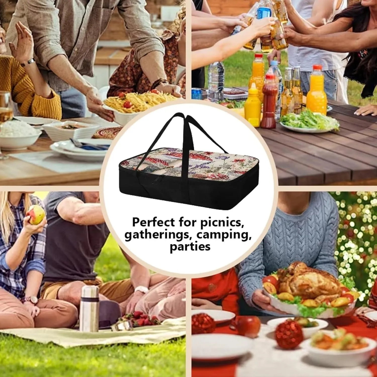 Mushroom Print Casserole Carrier Insulated Casserole Carriers for Hot or Cold Food Travel Food Warmer Bag Casserole Dish with Lid and Carrying Case, Pioneer Woman Dishes Carrier