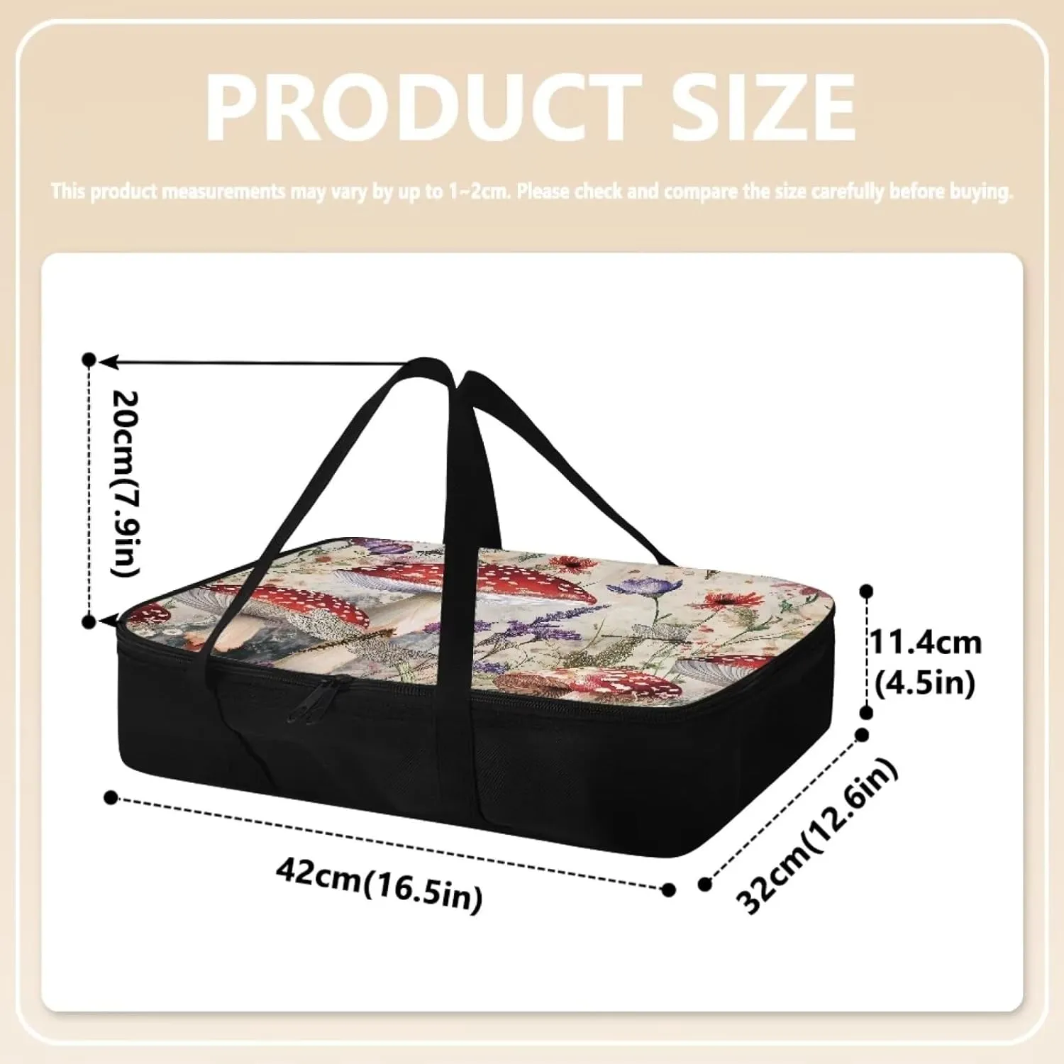 Mushroom Print Casserole Carrier Insulated Casserole Carriers for Hot or Cold Food Travel Food Warmer Bag Casserole Dish with Lid and Carrying Case, Pioneer Woman Dishes Carrier