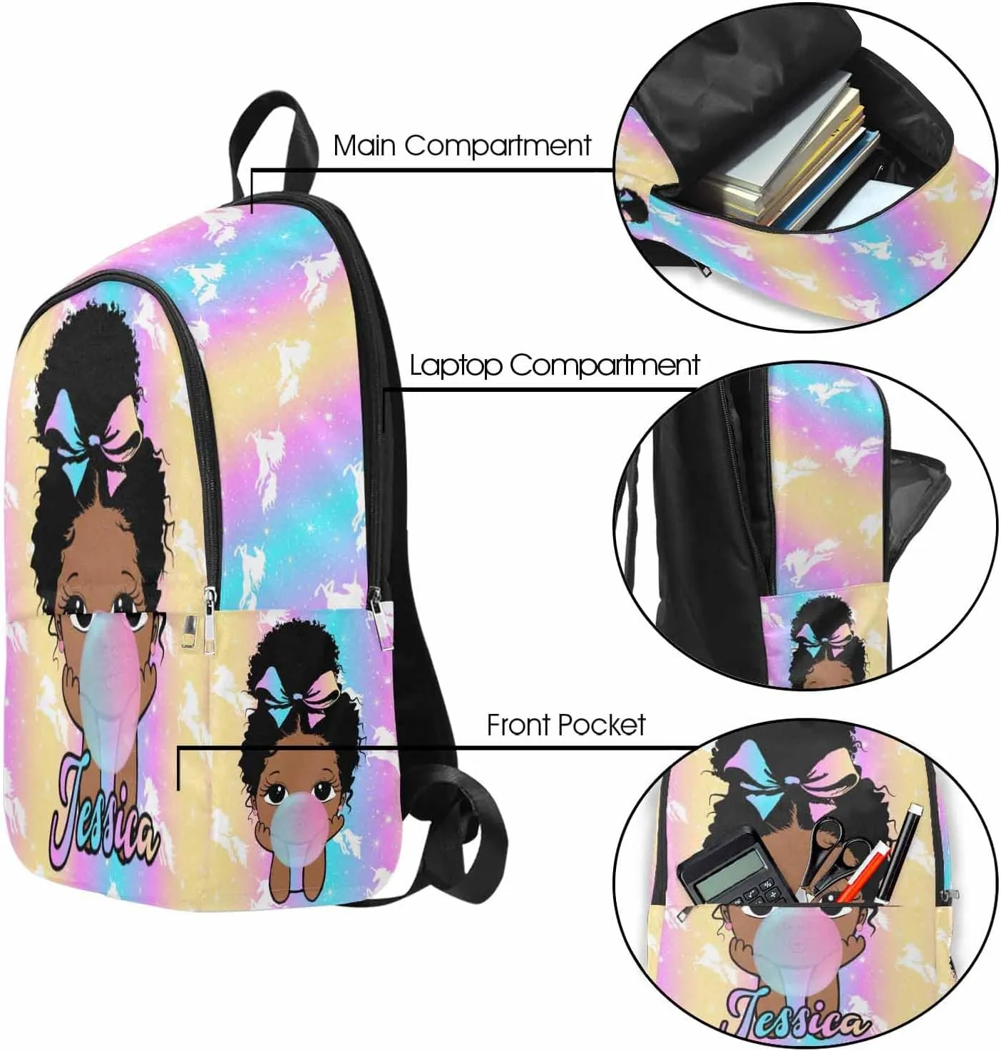 MyPupSocks Customize Book Bag School Backpack for Kids Girls Princess Custom Rainbow School Bag Back Pack with Adjustable Shoulder Straps for Daughter Son Friends