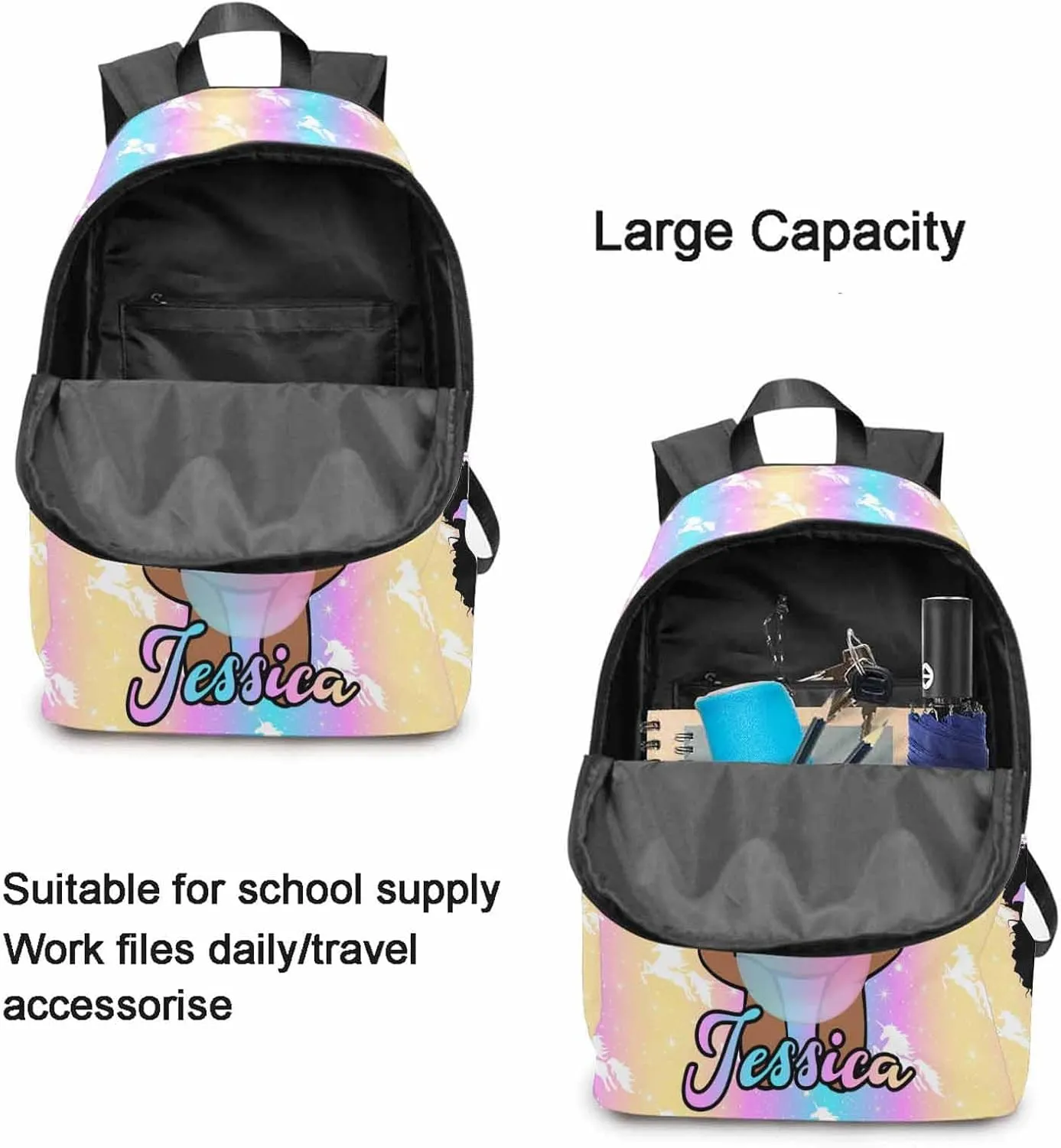 MyPupSocks Customize Book Bag School Backpack for Kids Girls Princess Custom Rainbow School Bag Back Pack with Adjustable Shoulder Straps for Daughter Son Friends