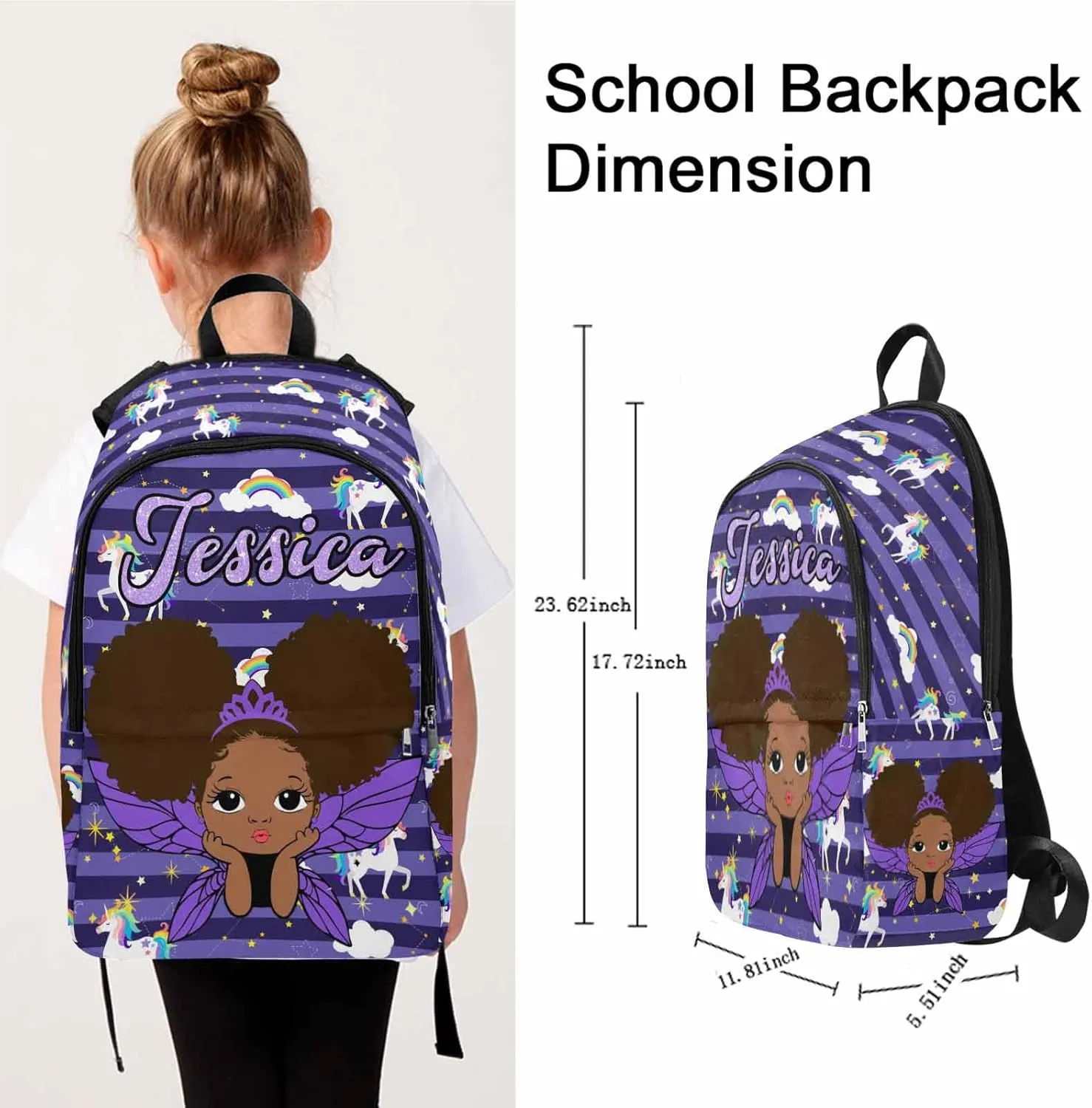 MyPupSocks Personalized Book Bag School Backpack for Elementary Girls Kids Princess Custom Purple Wings Waterproof Laptop Bag for Family, Daughter, Son, Fridends, Adults