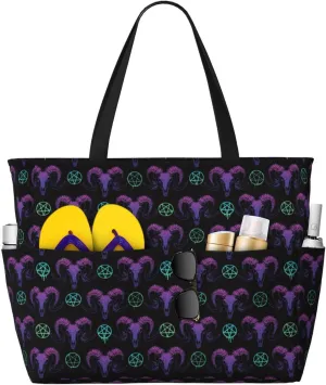 Mysterious Colorful Ram Skull Large Beach Tote Bag for Women Extra Large Capacity Waterproof Sandproof Pool Bag Suitable for Swimming Pool Gym Travel