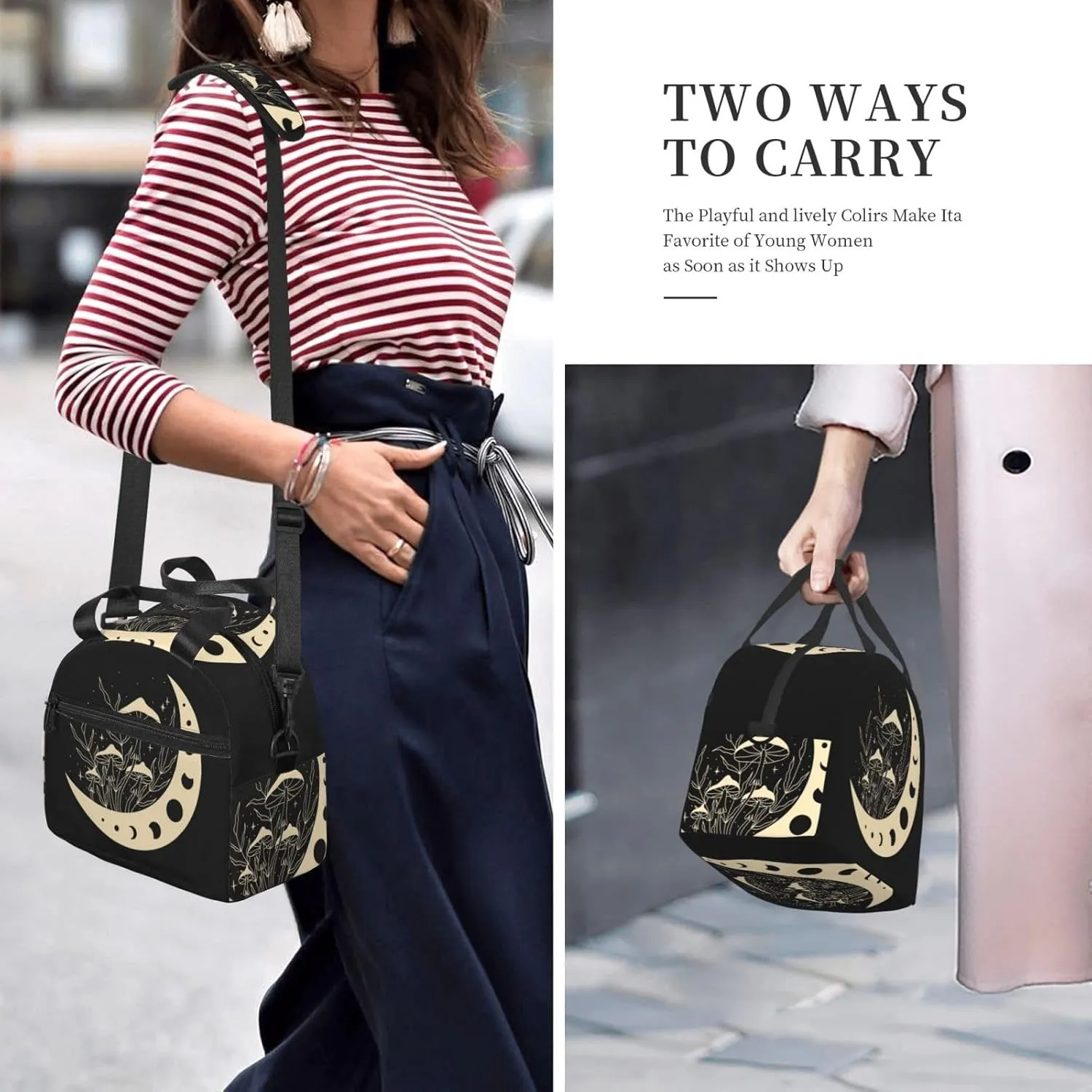 Mystical Mushroom Magic Moon Lunch Bag Hand Tote Crossbody Insulated Lunch Bag Large Portable Lunch Box