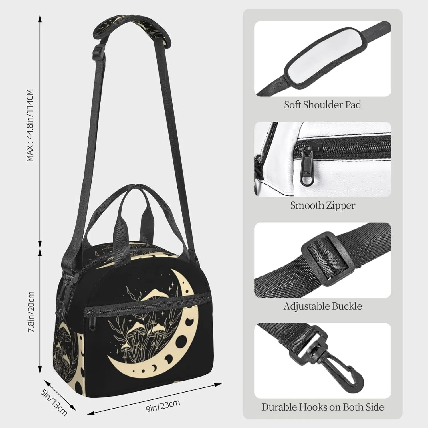 Mystical Mushroom Magic Moon Lunch Bag Hand Tote Crossbody Insulated Lunch Bag Large Portable Lunch Box