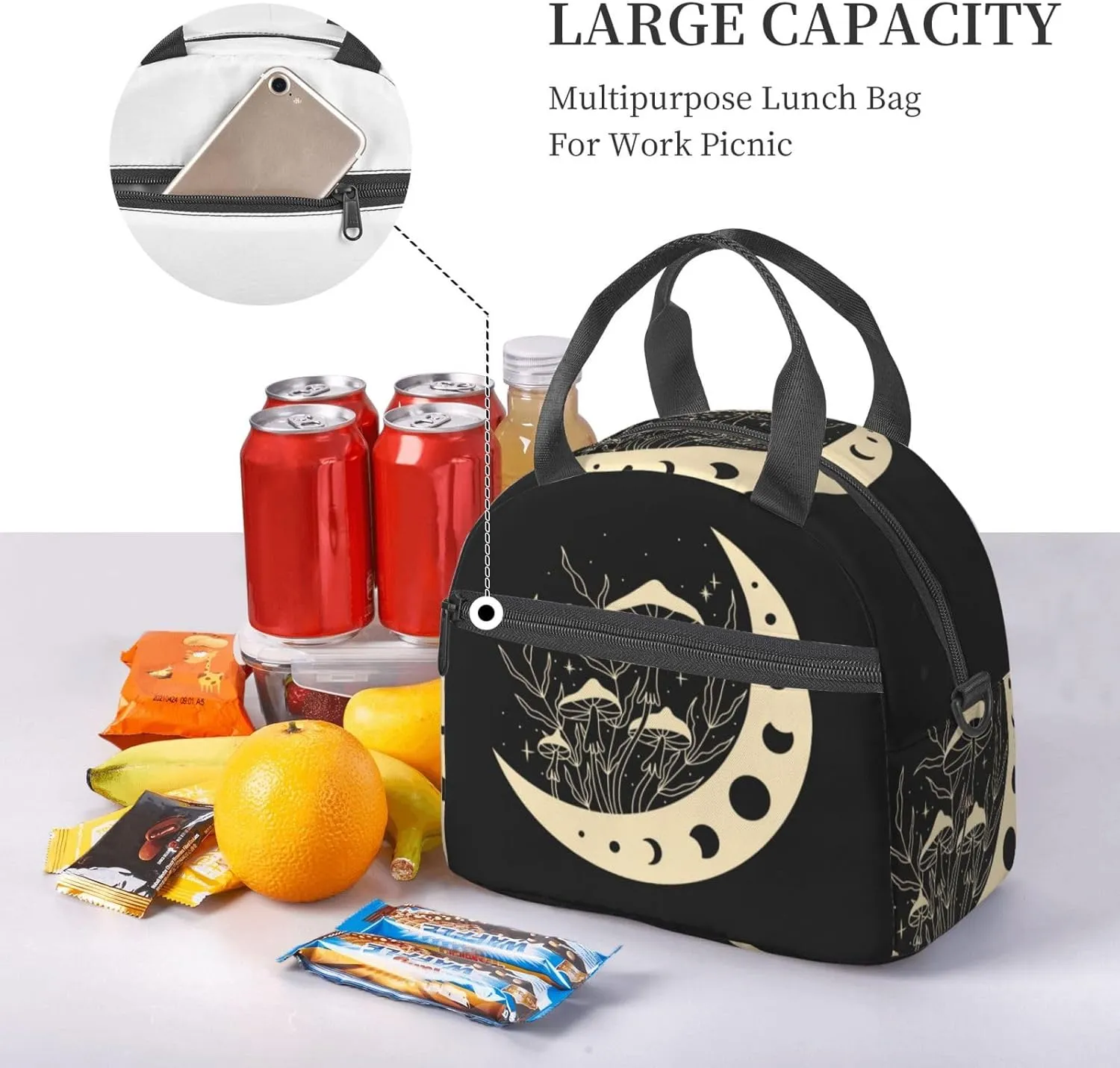Mystical Mushroom Magic Moon Lunch Bag Hand Tote Crossbody Insulated Lunch Bag Large Portable Lunch Box