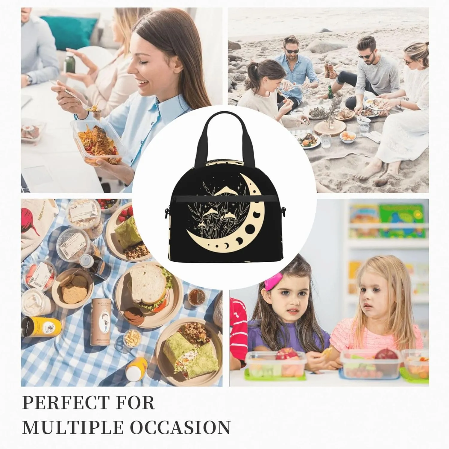 Mystical Mushroom Magic Moon Lunch Bag Hand Tote Crossbody Insulated Lunch Bag Large Portable Lunch Box