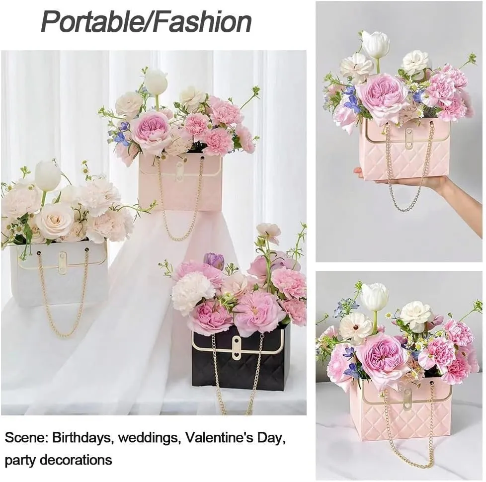 NADUSEP 6pcs Flower Paper Gift Box, Bouquet Storage Bucket Florist Handbag with Metal Chain Gift Case, Flower Boxes for Arrangements Wedding Valentine's Mother's Day Birthday Bridal Shower Graduation Anniversary Thanksgiving Christmas