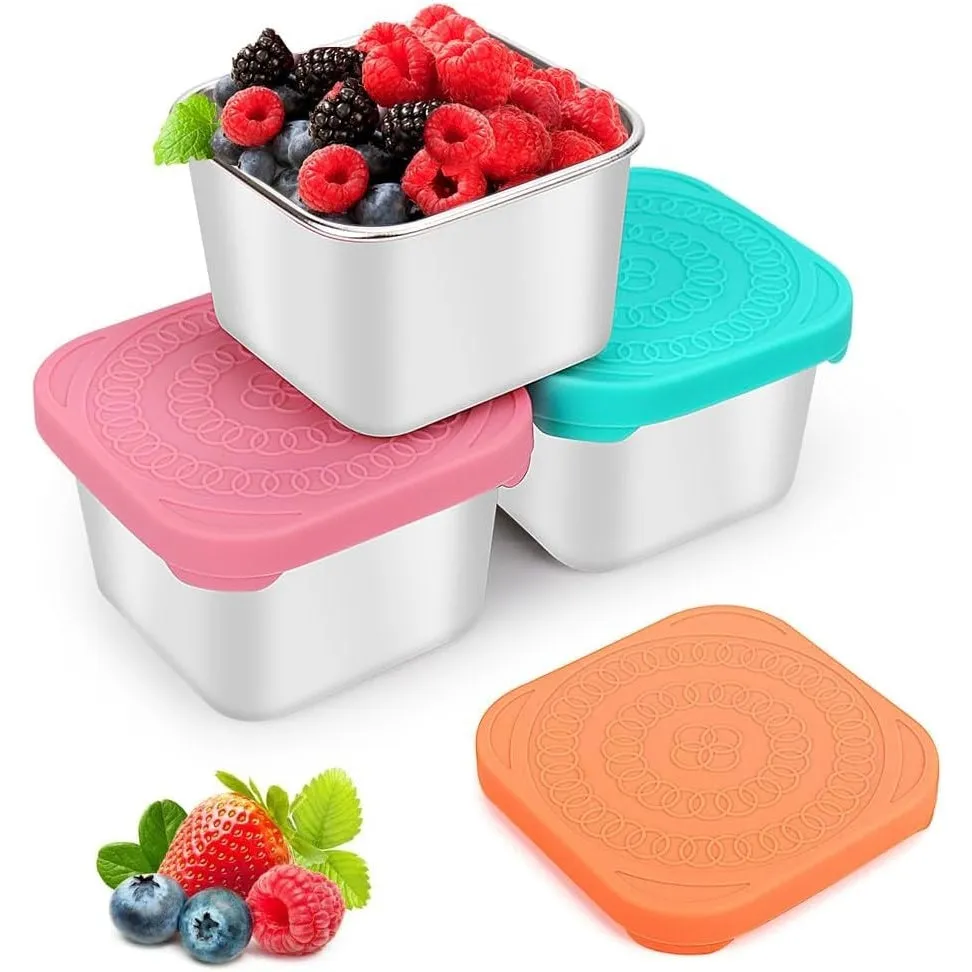 NALACAL 3 Pack Stainless Steel Snack Containers, 6oz Small Metal Food Storage Containers with Leak Proof Silicone Lids, Reusable Lunch Snack Condiment Sauce Storage Set, for Travel, Picnic, Office