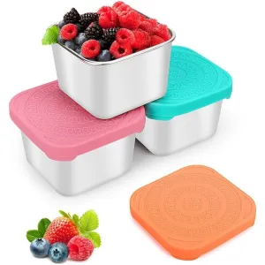 NALACAL 3 Pack Stainless Steel Snack Containers, 6oz Small Metal Food Storage Containers with Leak Proof Silicone Lids, Reusable Lunch Snack Condiment Sauce Storage Set, for Travel, Picnic, Office
