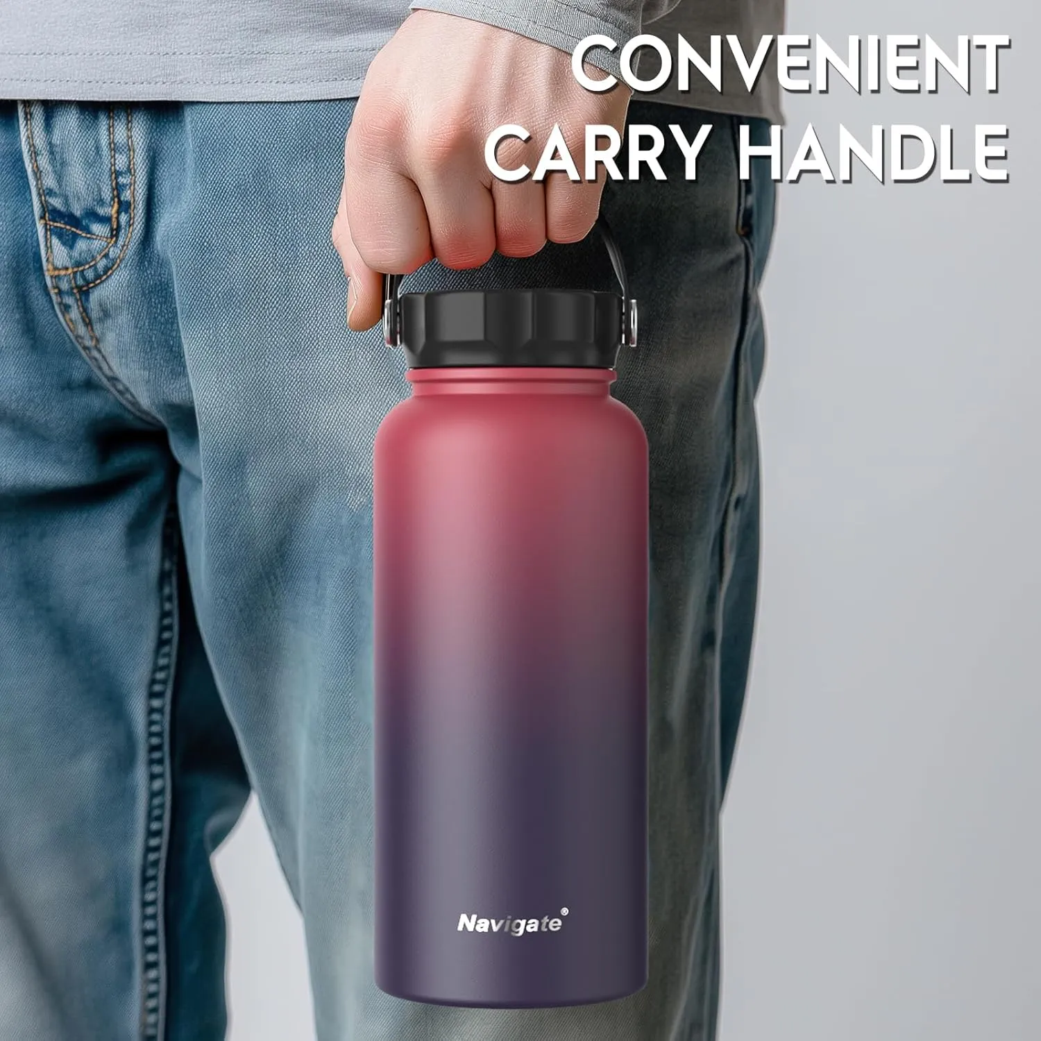 Navigate 32 oz Insulated Stainless Steel Sports Water Bottle with Spout & Handle Lids,Wide Mouth Water Jug with Double Walled Leak Proof Keep Cold for 24 Hrs Hot for 12 Hrs, Red to Black