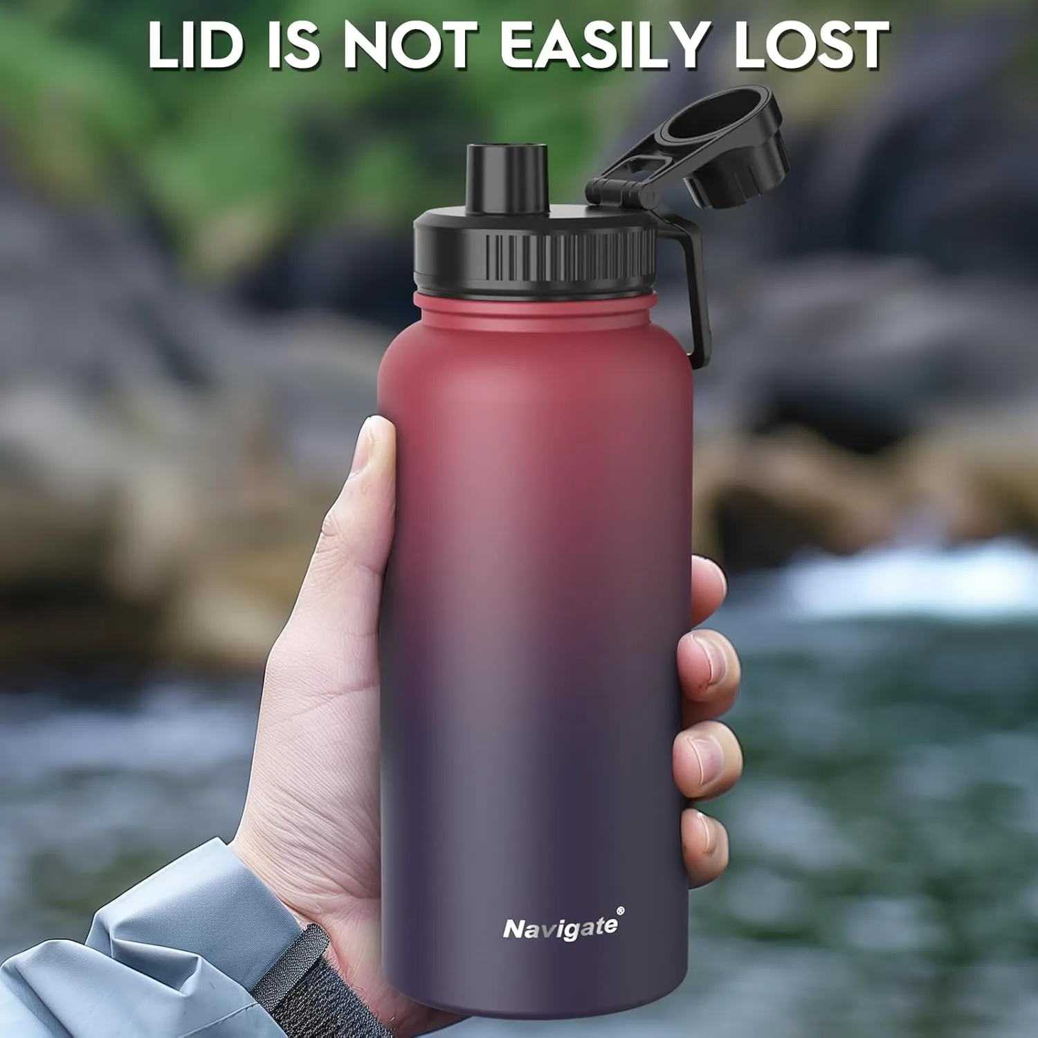 Navigate 32 oz Insulated Stainless Steel Sports Water Bottle with Spout & Handle Lids,Wide Mouth Water Jug with Double Walled Leak Proof Keep Cold for 24 Hrs Hot for 12 Hrs, Red to Black