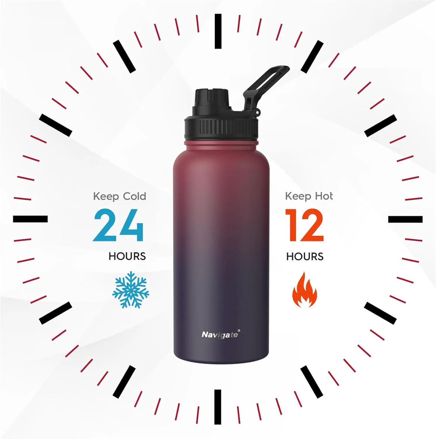Navigate 32 oz Insulated Stainless Steel Sports Water Bottle with Spout & Handle Lids,Wide Mouth Water Jug with Double Walled Leak Proof Keep Cold for 24 Hrs Hot for 12 Hrs, Red to Black