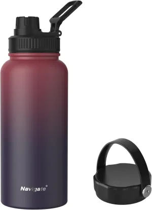 Navigate 32 oz Insulated Stainless Steel Sports Water Bottle with Spout & Handle Lids,Wide Mouth Water Jug with Double Walled Leak Proof Keep Cold for 24 Hrs Hot for 12 Hrs, Red to Black