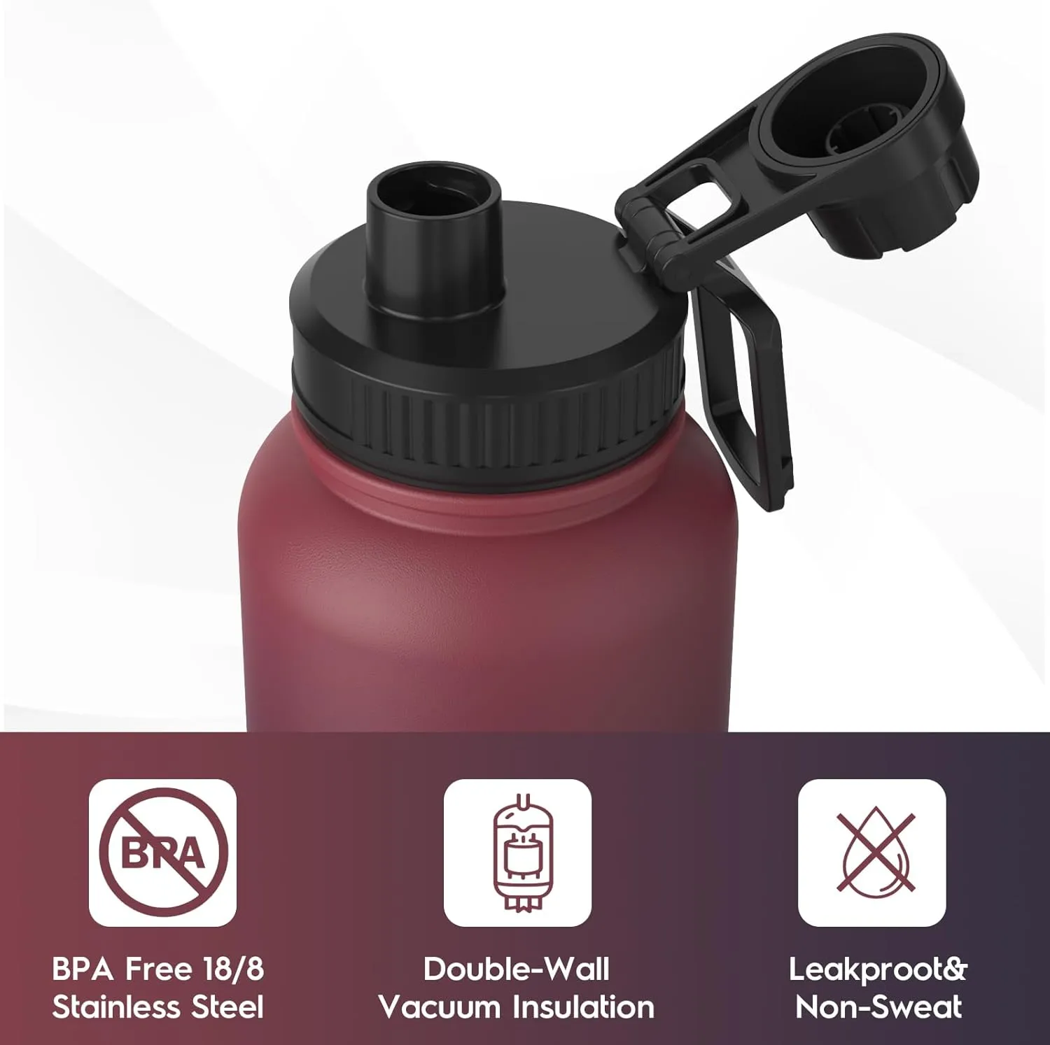 Navigate 32 oz Insulated Stainless Steel Sports Water Bottle with Spout & Handle Lids,Wide Mouth Water Jug with Double Walled Leak Proof Keep Cold for 24 Hrs Hot for 12 Hrs, Red to Black