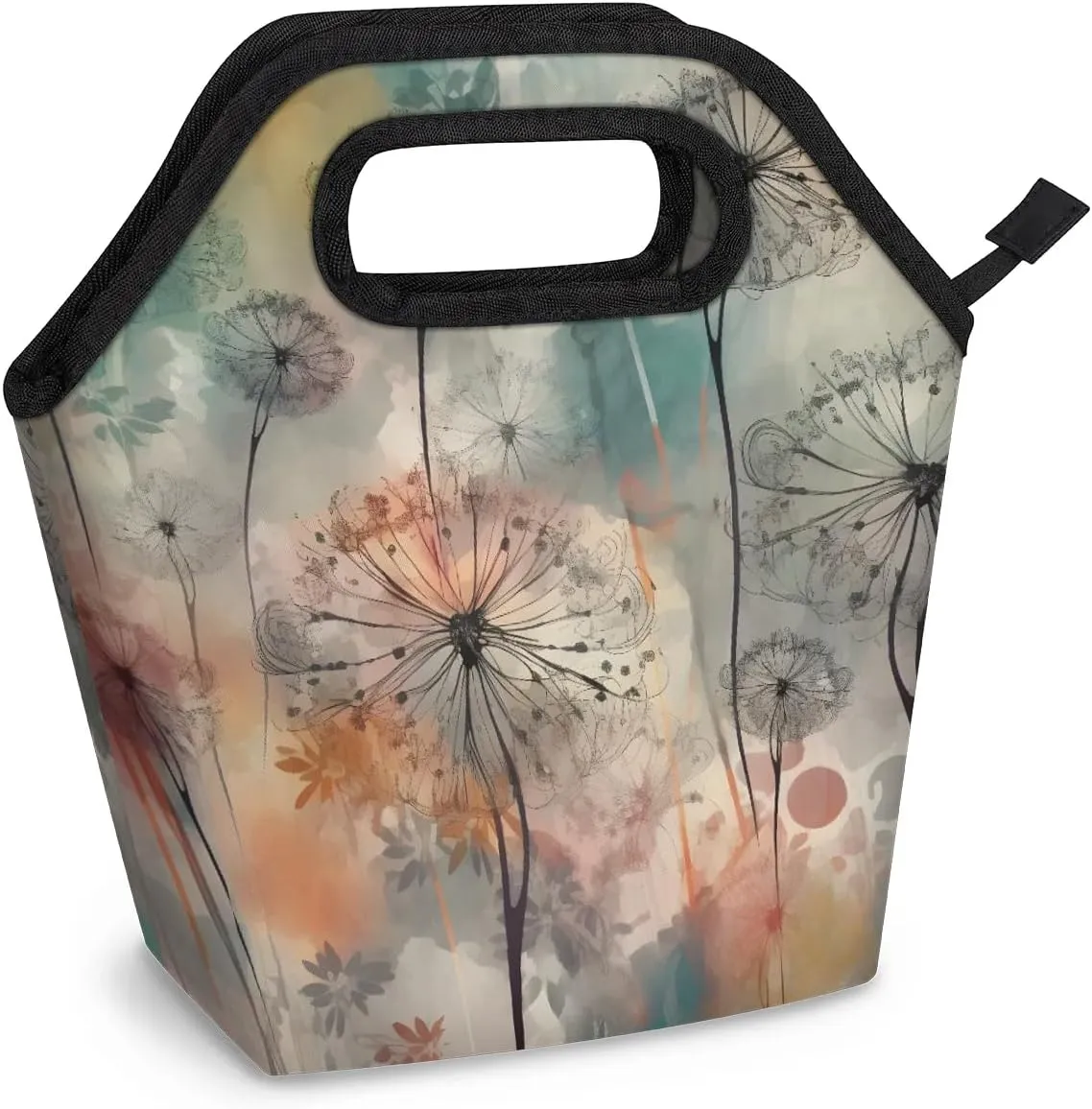 Neoprene Lunch Bags Dandelion Flower Painting Lunch Tote Bag with Zipper Insulated Lunchbox Handbag for Women Reusable Lunch Box Cooler Bag Waterproof Lunch Sack Bag for Work Picnic