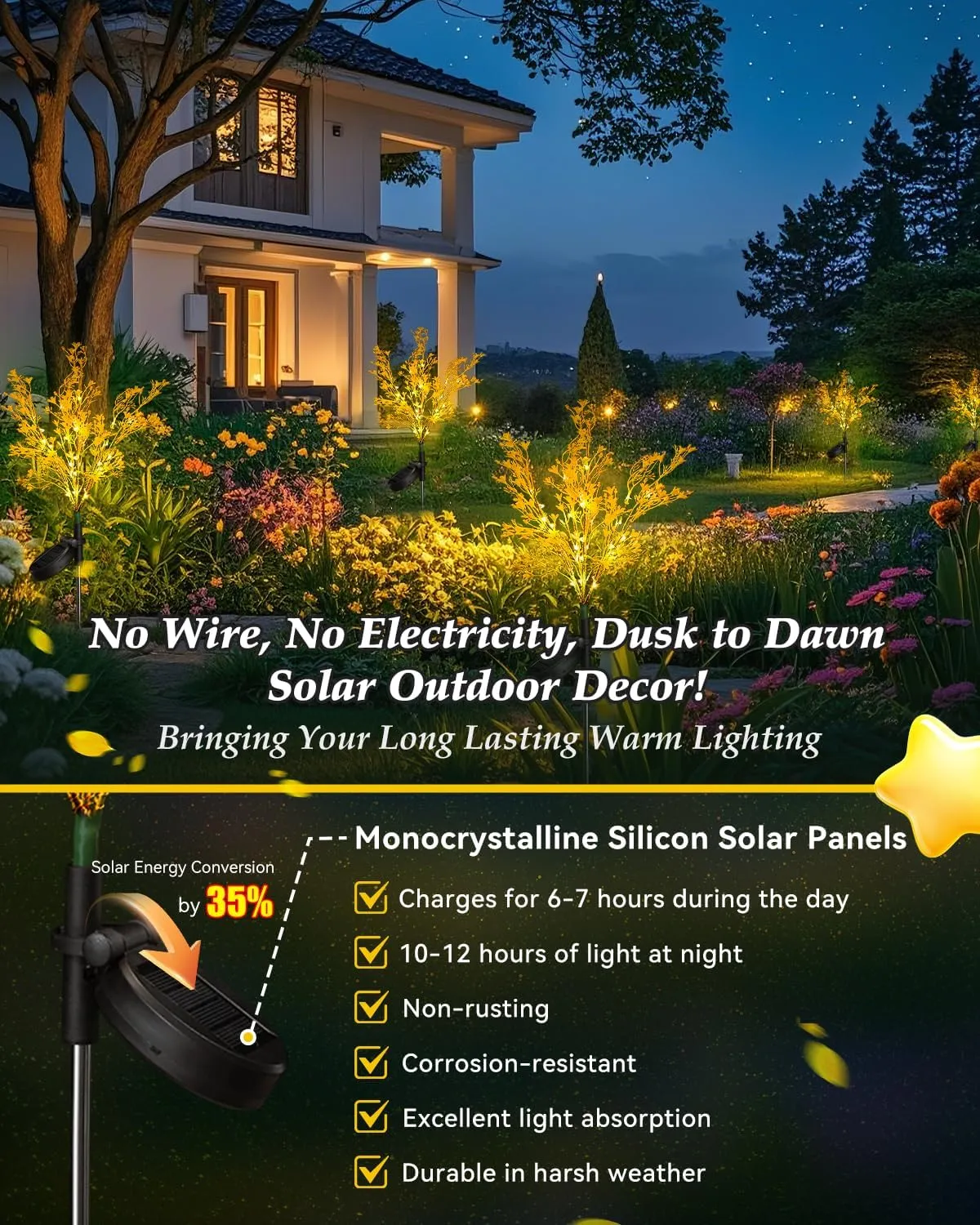 Neporal Solar Lights Outdoor Decorative 2PK, 7-Stems Golden Solar Flowers Outdoor Waterproof for Garden, Yard, Patio,Flower Pots - Gardening Gifts for Women