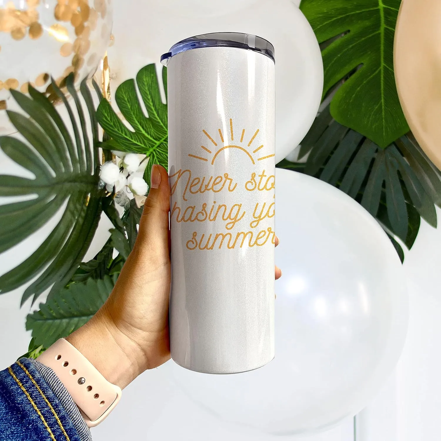 Never Stop Chasing Your Summer – One 20 oz Iridescent Stainless Steel Travel Tumbler with Straw – Double Wall Vacuum Insulation– Keep Beverages Cold For Up to 18 Hours or Hot for 6 Hours