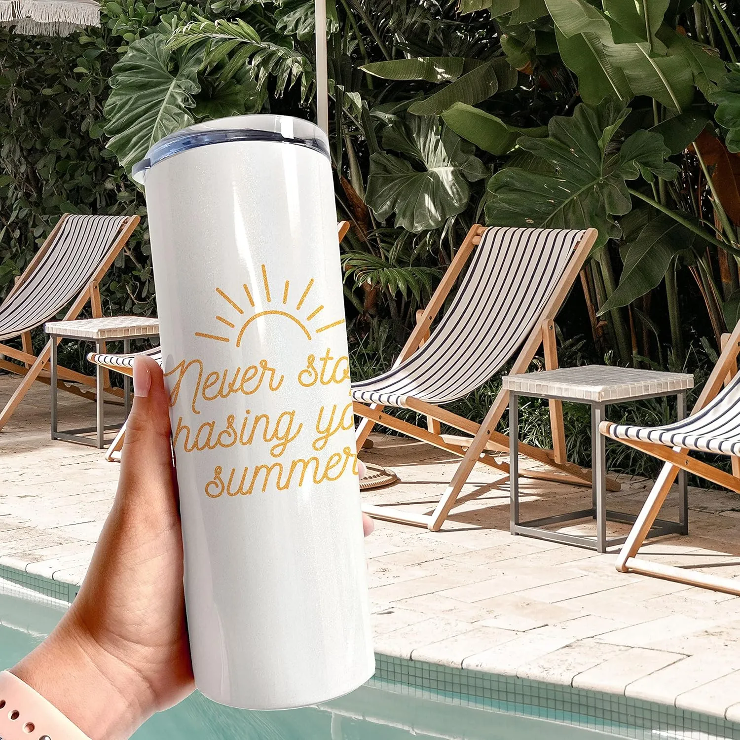 Never Stop Chasing Your Summer – One 20 oz Iridescent Stainless Steel Travel Tumbler with Straw – Double Wall Vacuum Insulation– Keep Beverages Cold For Up to 18 Hours or Hot for 6 Hours