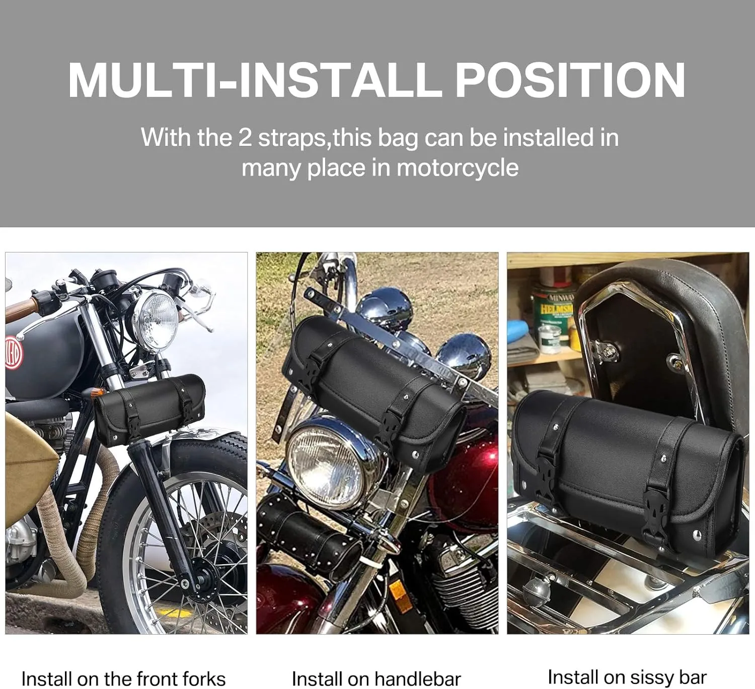 Neween Motorcycle Tool Bag, Motorcycle Fork Bag PU Leather Universal Saddlebag Front Fork Handlebar Sissybar Storage Roll Pouch for Sportster, Scooter (Large, Black)