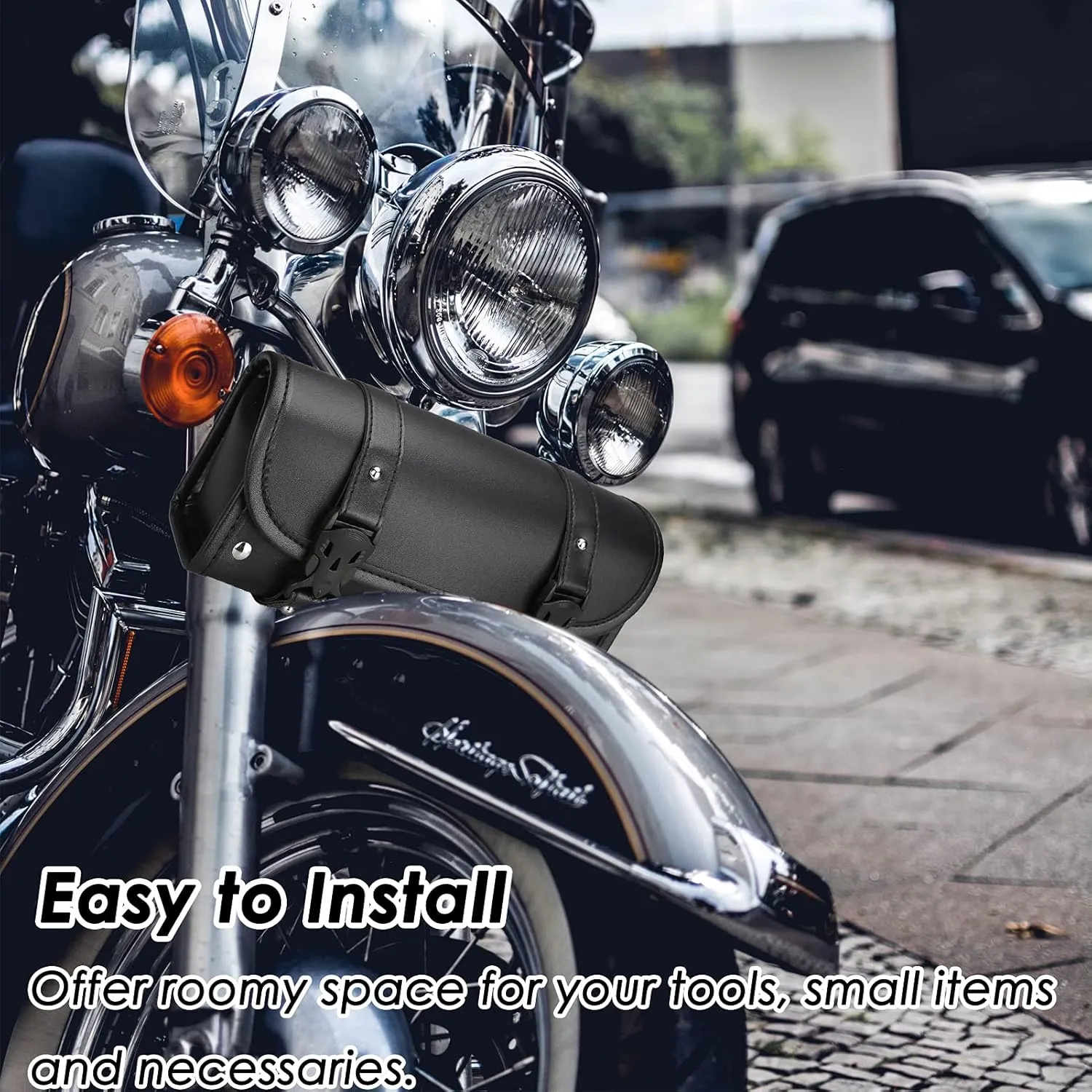 Neween Motorcycle Tool Bag, Motorcycle Fork Bag PU Leather Universal Saddlebag Front Fork Handlebar Sissybar Storage Roll Pouch for Sportster, Scooter (Large, Black)