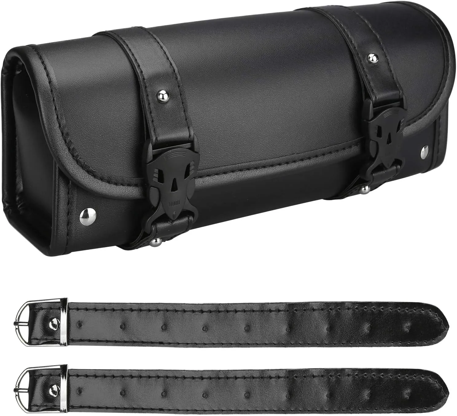 Neween Motorcycle Tool Bag, Motorcycle Fork Bag PU Leather Universal Saddlebag Front Fork Handlebar Sissybar Storage Roll Pouch for Sportster, Scooter (Large, Black)