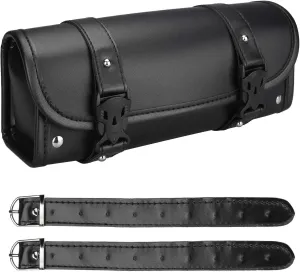 Neween Motorcycle Tool Bag, Motorcycle Fork Bag PU Leather Universal Saddlebag Front Fork Handlebar Sissybar Storage Roll Pouch for Sportster, Scooter (Large, Black)