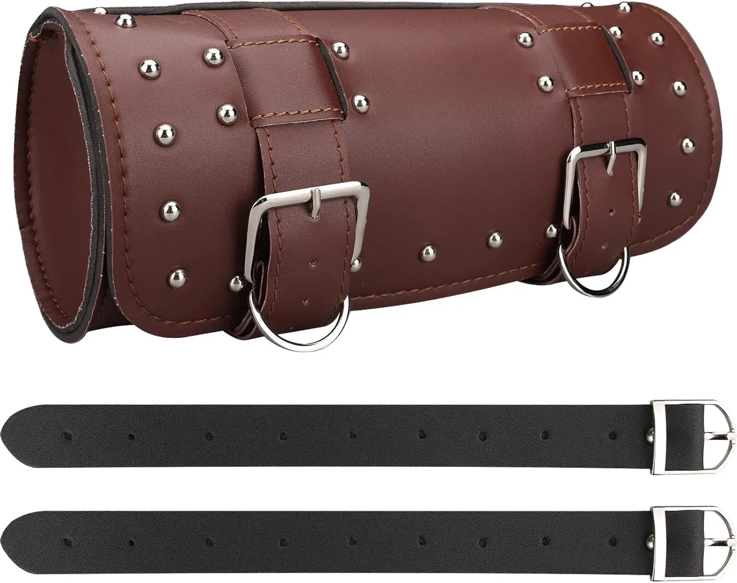 Neween Motorcycle Tool Bag, Motorcycle Fork Bag PU Leather Universal Saddlebag Front Fork Handlebar Sissybar Storage Roll Pouch for Sportster, Scooter (Large, Brown)