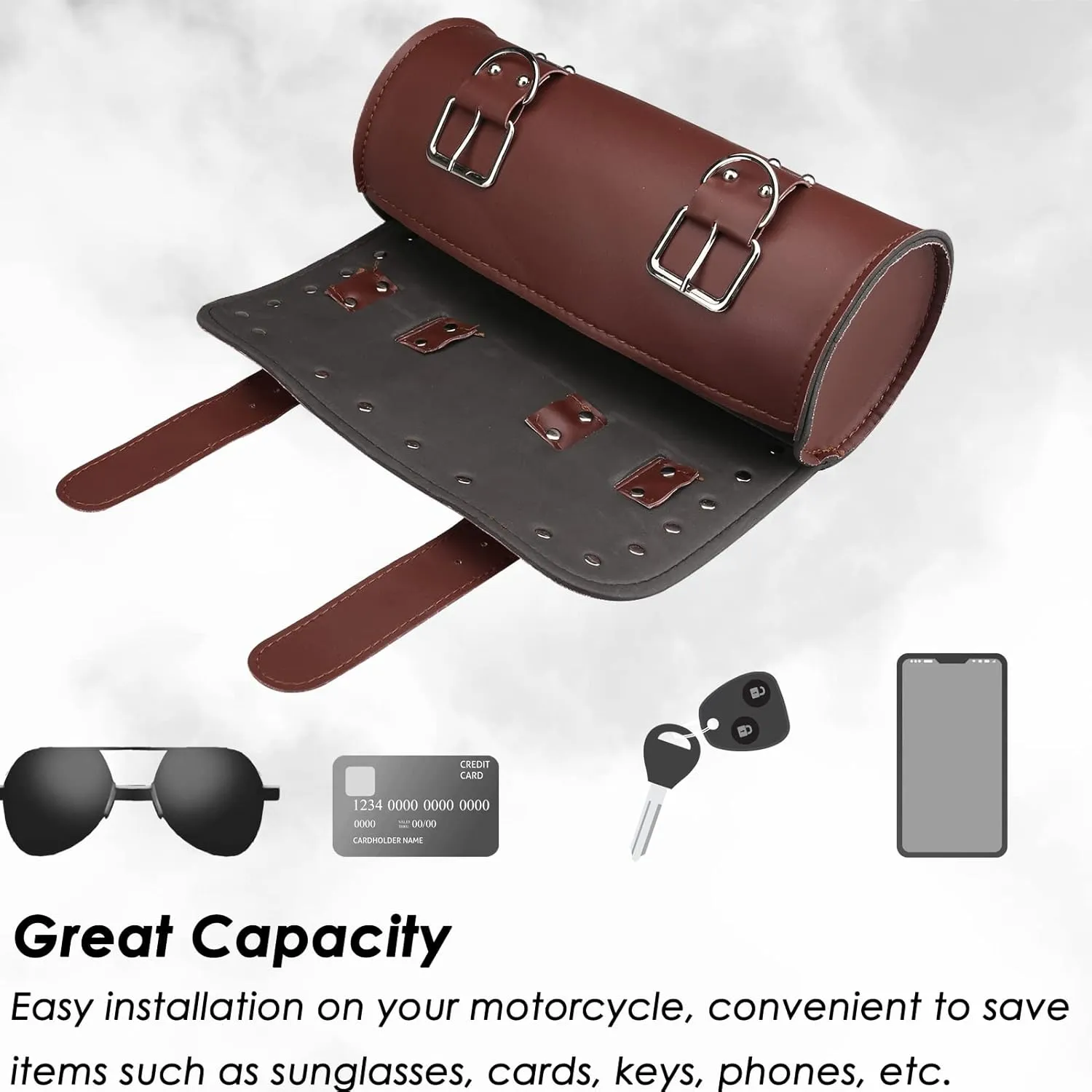 Neween Motorcycle Tool Bag, Motorcycle Fork Bag PU Leather Universal Saddlebag Front Fork Handlebar Sissybar Storage Roll Pouch for Sportster, Scooter (Large, Brown)