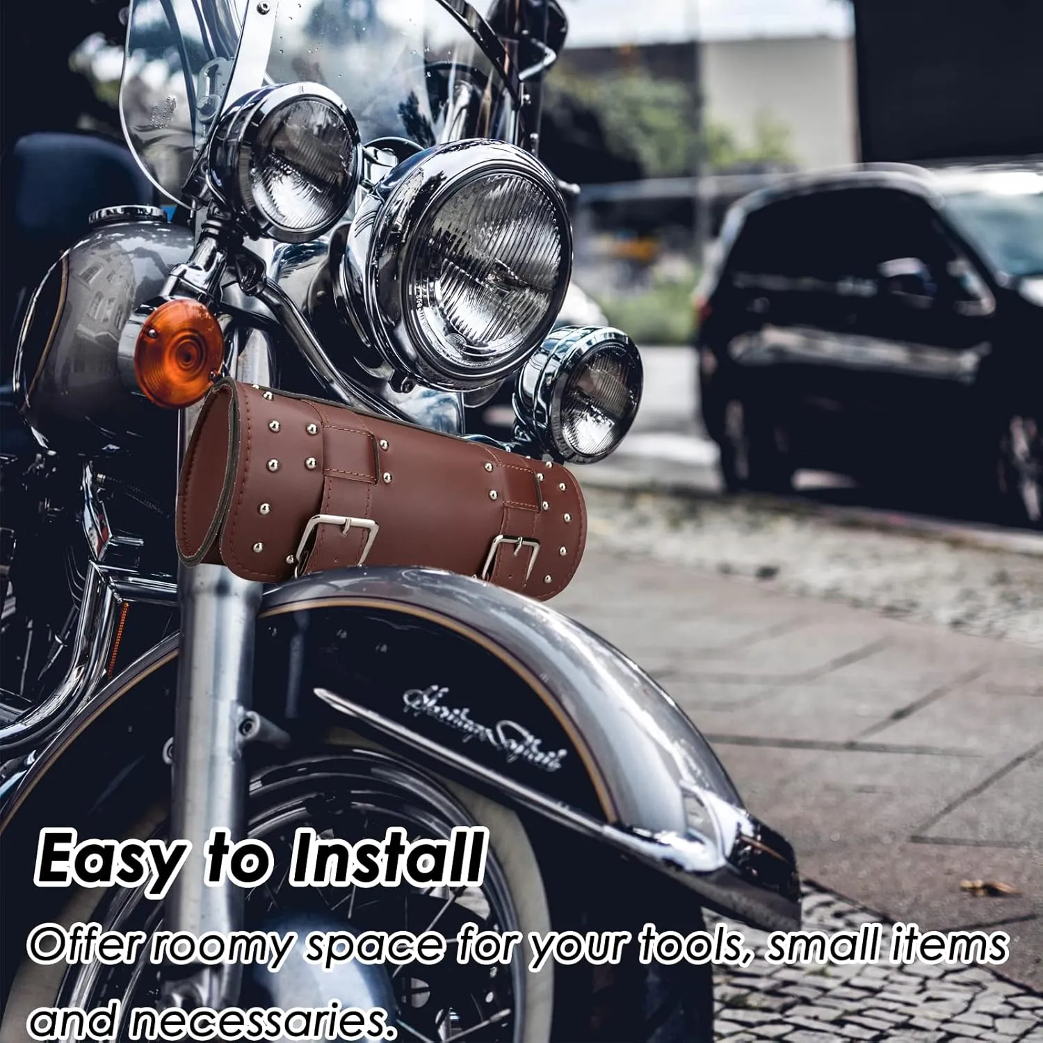 Neween Motorcycle Tool Bag, Motorcycle Fork Bag PU Leather Universal Saddlebag Front Fork Handlebar Sissybar Storage Roll Pouch for Sportster, Scooter (Large, Brown)