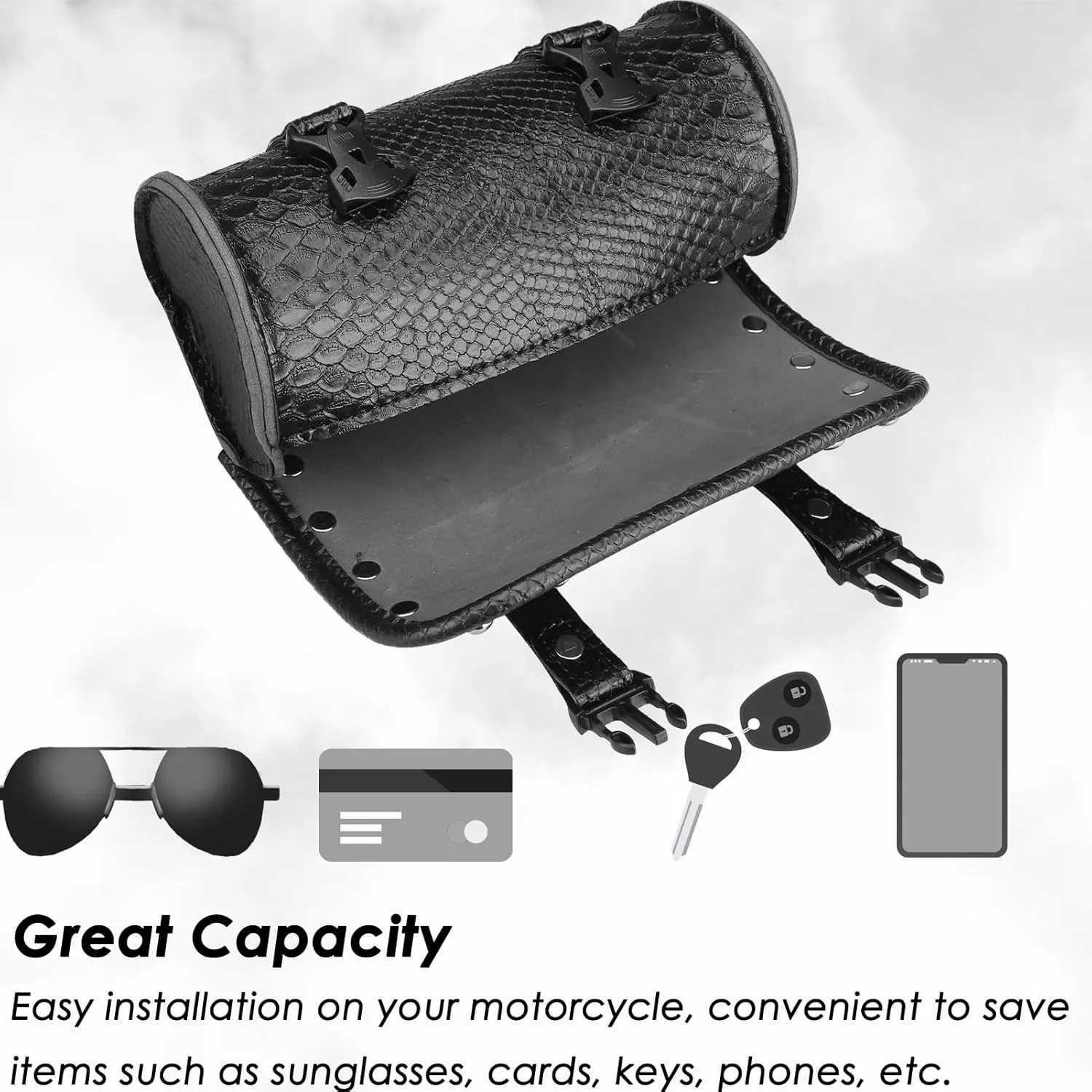 Neween Motorcycle Tool Bag, Motorcycle Fork Bag PU Leather Universal Saddlebag Front Fork Handlebar Sissybar Storage Roll Pouch for Sportster, Scooter (Medium, Black Crocodile)