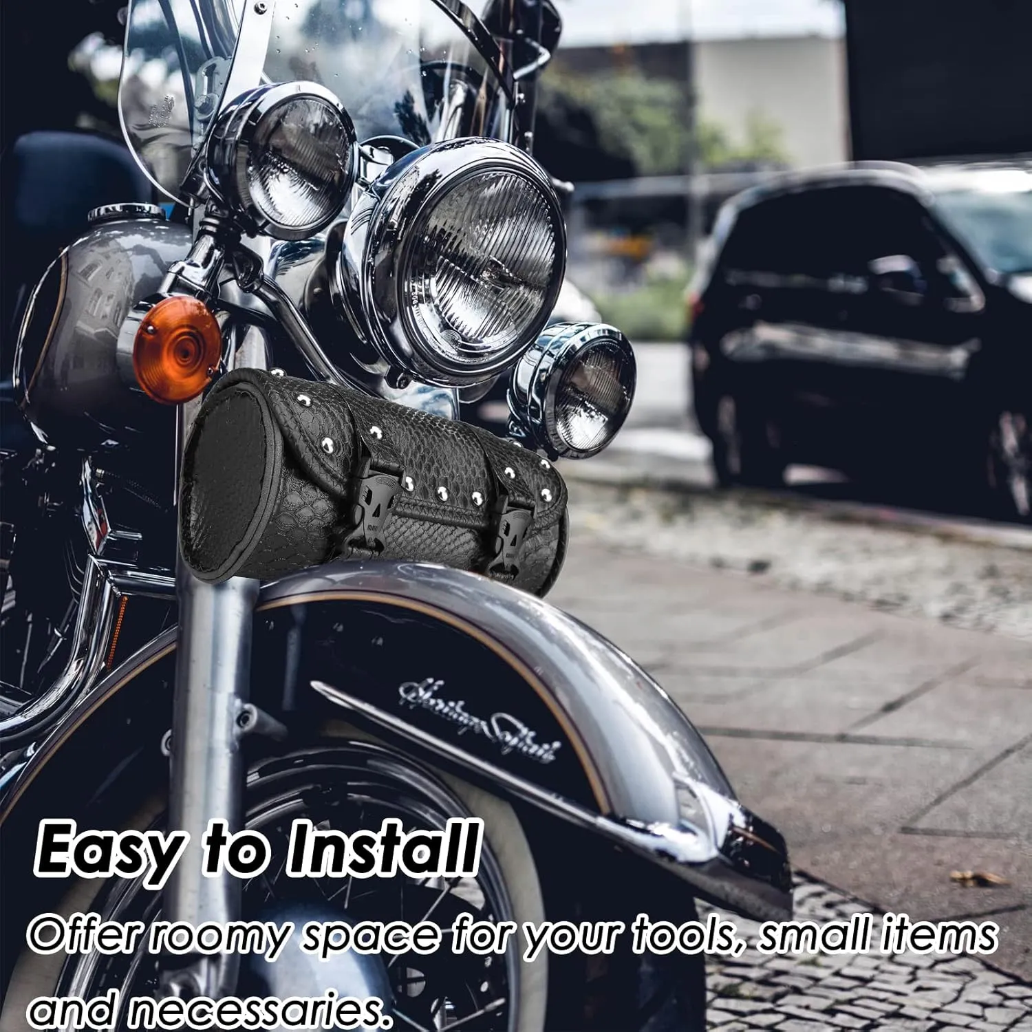 Neween Motorcycle Tool Bag, Motorcycle Fork Bag PU Leather Universal Saddlebag Front Fork Handlebar Sissybar Storage Roll Pouch for Sportster, Scooter (Medium, Black Crocodile)