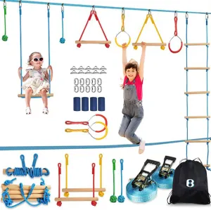 Ninja Warrior Obstacle Course Kit for Kids - 2 X 52' Slackline Zipline 37 PCS Hanging Monkey Bars Fists Gym Rings Swing Rope Ladder Portable Outdoor Toys Training Equipment Set for Backyard