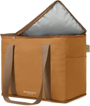 Nook Theory Reusable Insulated Grocery Bag - Leak Proof, X Large Insulated Cooler Bag - Insulated Shopping Bags for Groceries - Travel Cooler Bag for Frozen and Hot Food with Zippered Top (Mustard)