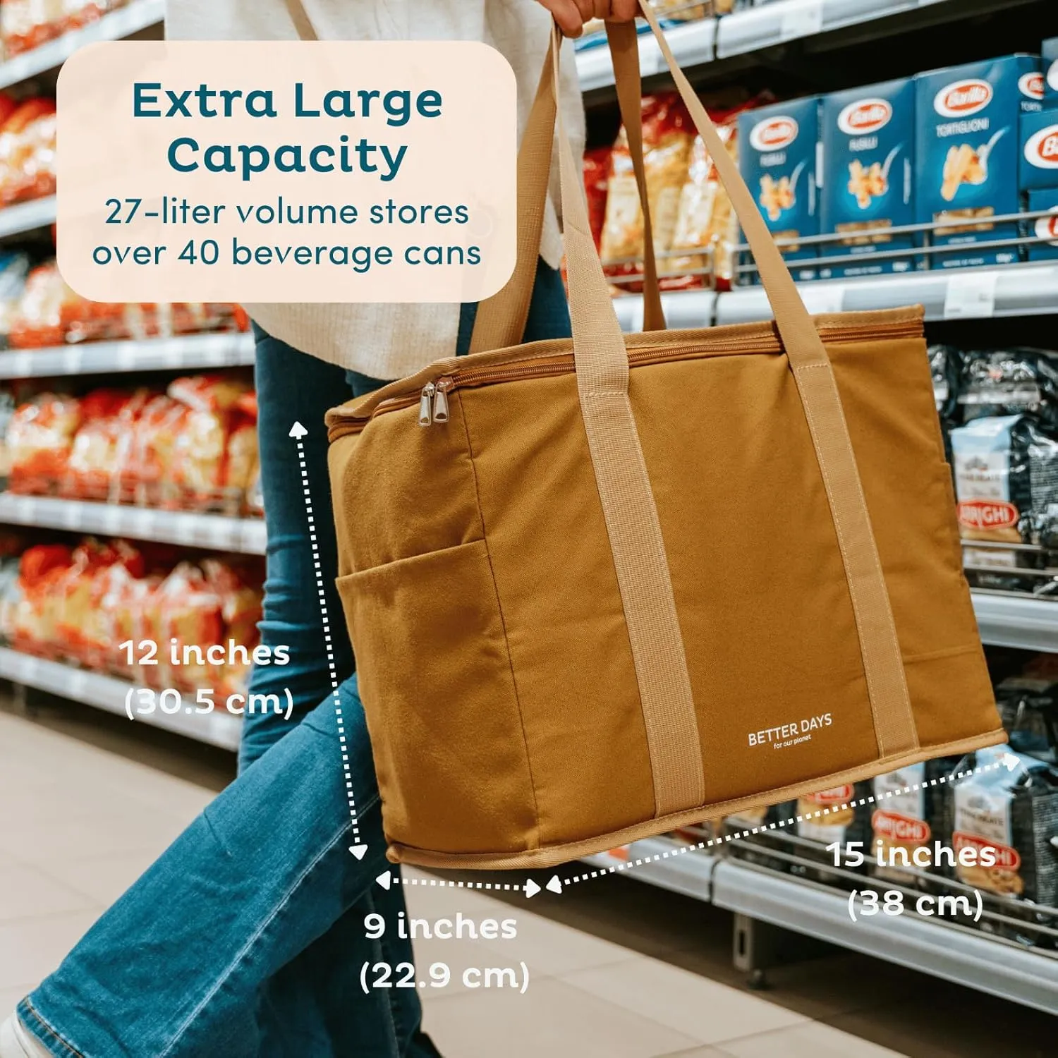 Nook Theory Reusable Insulated Grocery Bag - Leak Proof, X Large Insulated Cooler Bag - Insulated Shopping Bags for Groceries - Travel Cooler Bag for Frozen and Hot Food with Zippered Top (Mustard)