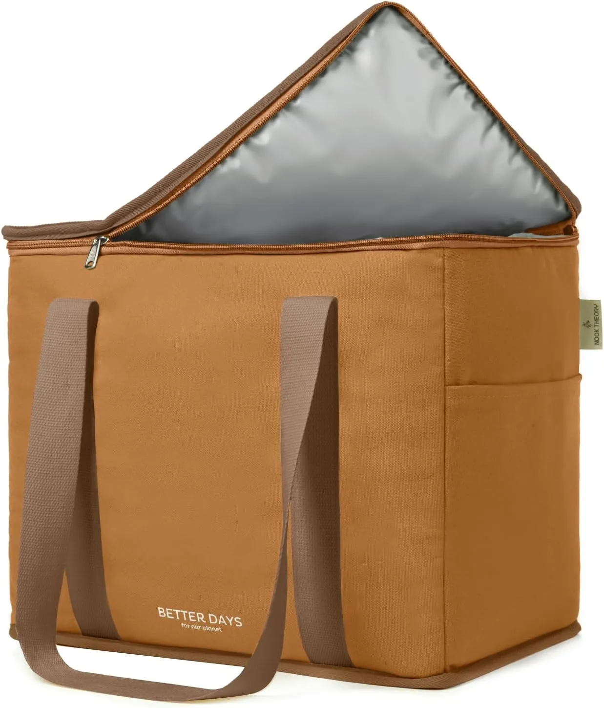 Nook Theory Reusable Insulated Grocery Bag - Leak Proof, X Large Insulated Cooler Bag - Insulated Shopping Bags for Groceries - Travel Cooler Bag for Frozen and Hot Food with Zippered Top (Mustard)