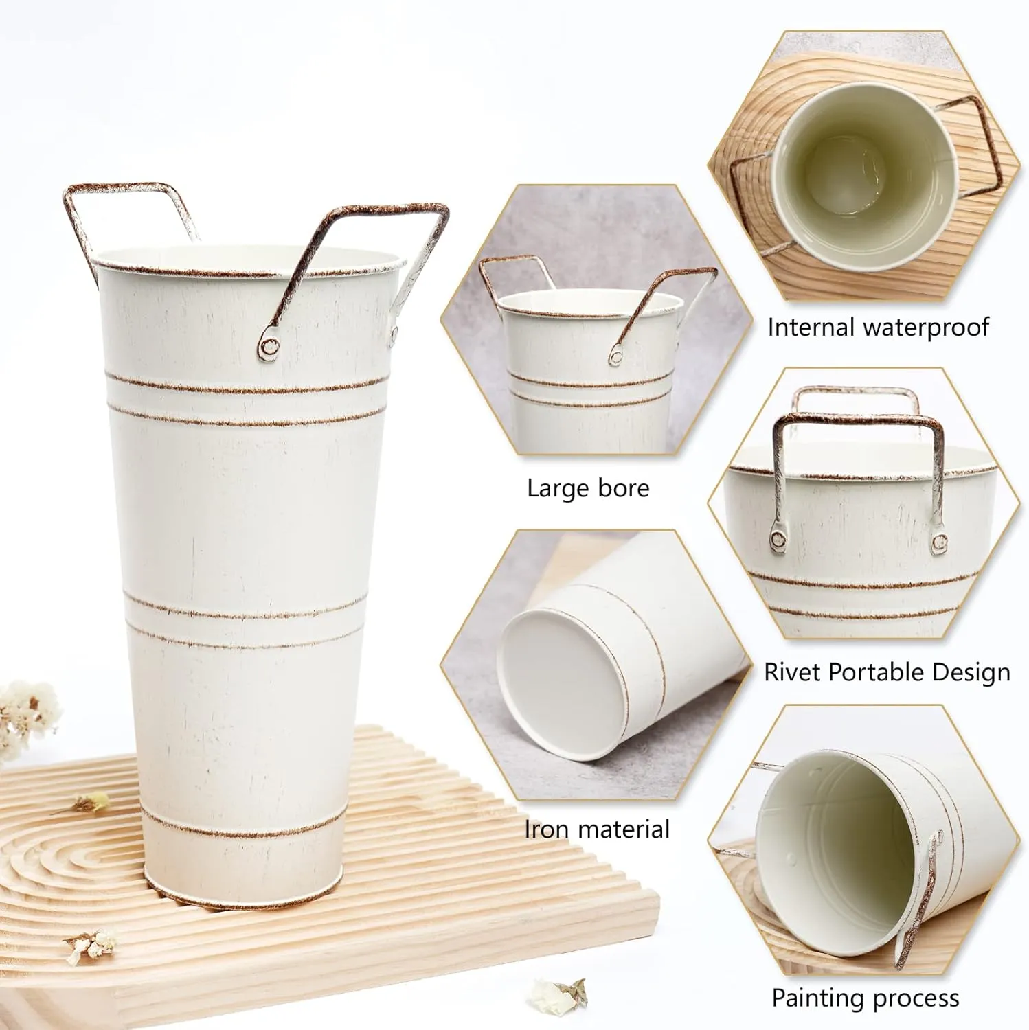 Notakia Galvanized Metal Vases Farmhouse French Flower Bucket Vases for Cut Flowers for Home Decor and Wedding Table Centerpiece Decorations (Beige Set of 8)