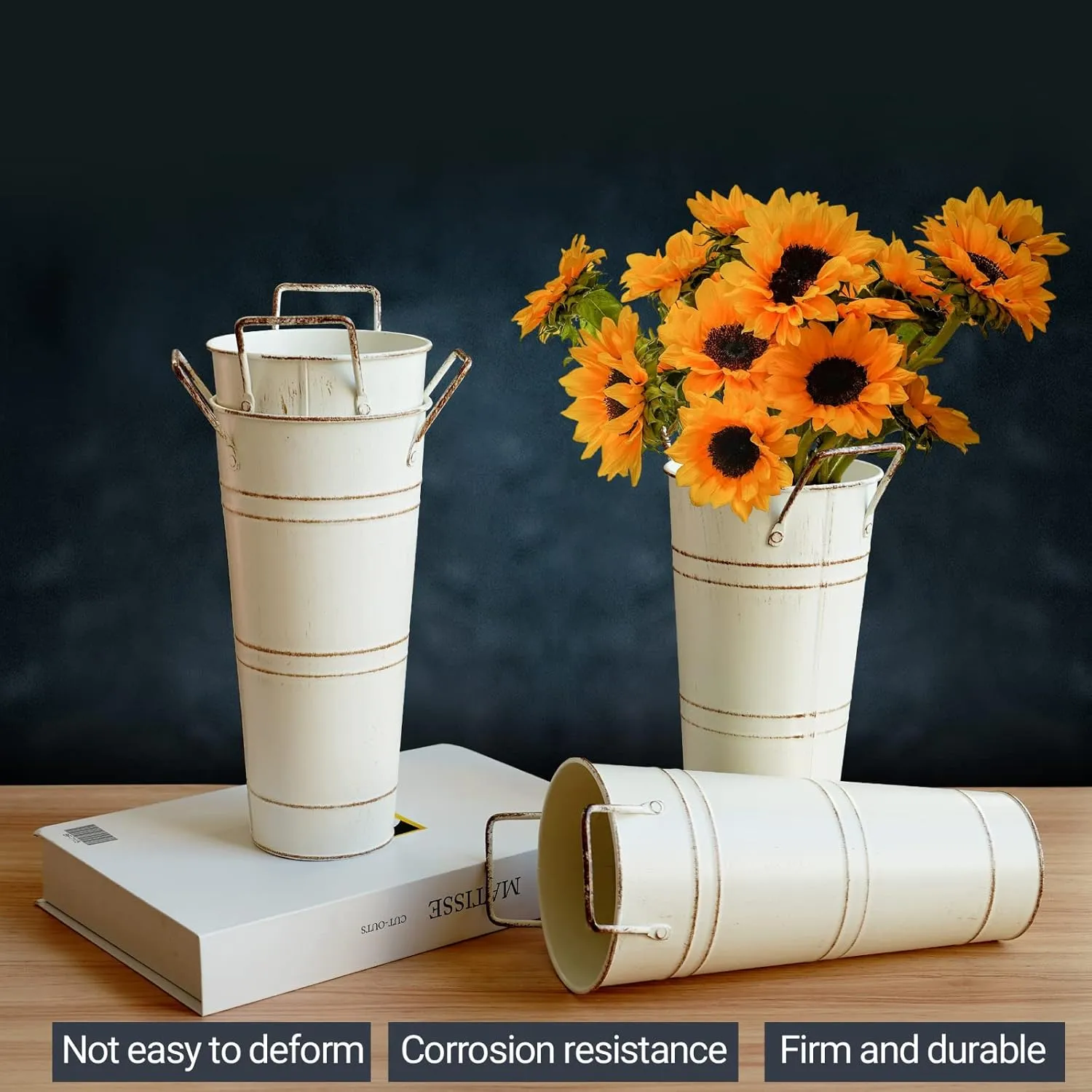 Notakia Galvanized Metal Vases Farmhouse French Flower Bucket Vases for Cut Flowers for Home Decor and Wedding Table Centerpiece Decorations (Beige Set of 8)