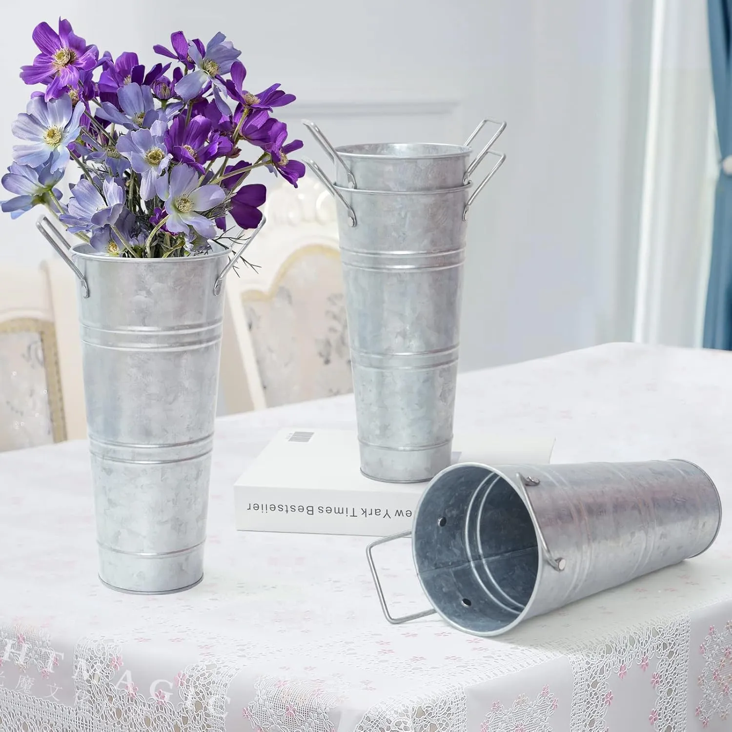 Notakia Galvanized Metal Vases Farmhouse French Flower Bucket Vases for Cut Flowers for Home Decor and Wedding Table Centerpiece Decorations (Silver Set of 4 (9 Inch))