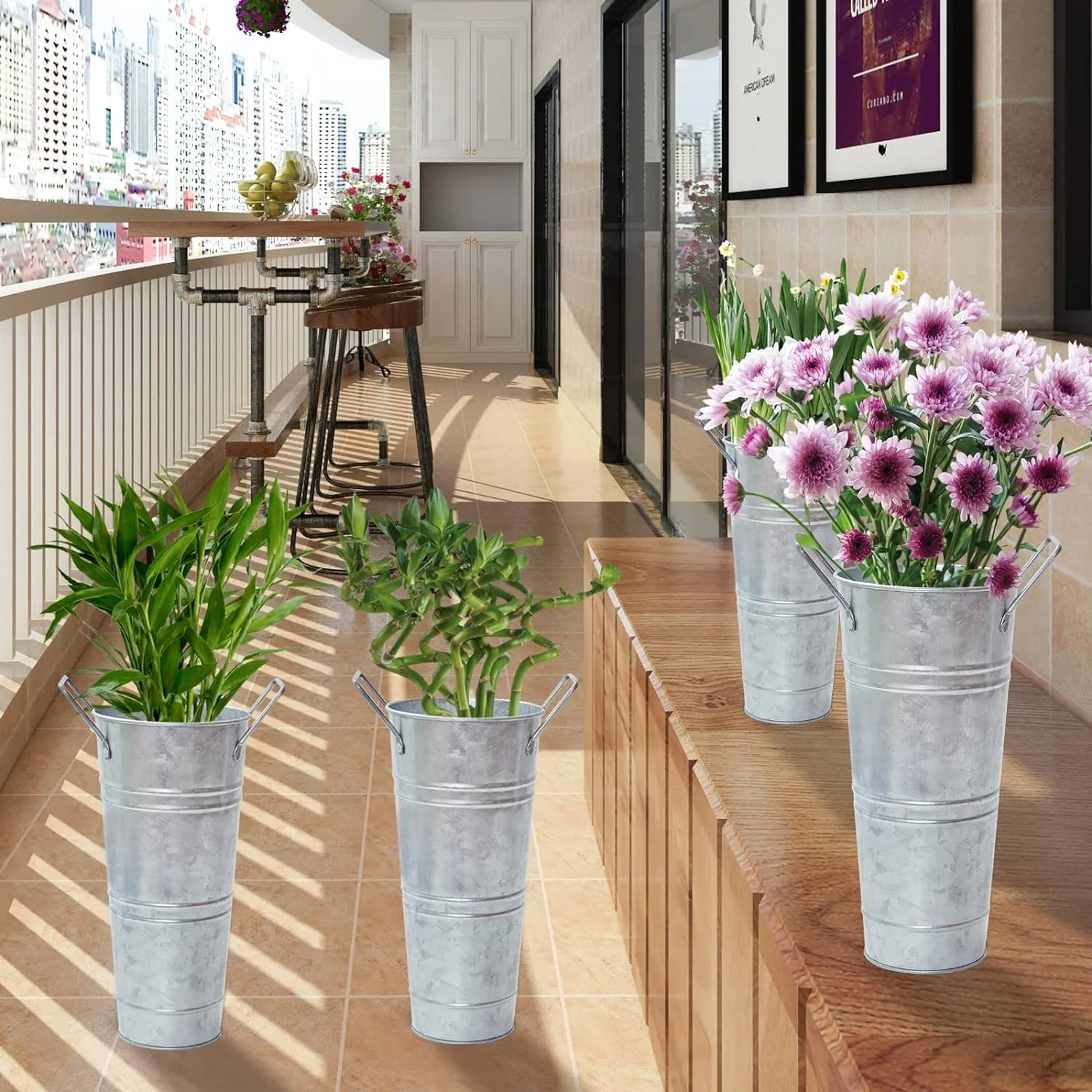 Notakia Galvanized Metal Vases Farmhouse French Flower Bucket Vases for Cut Flowers for Home Decor and Wedding Table Centerpiece Decorations (Silver Set of 4 (9 Inch))